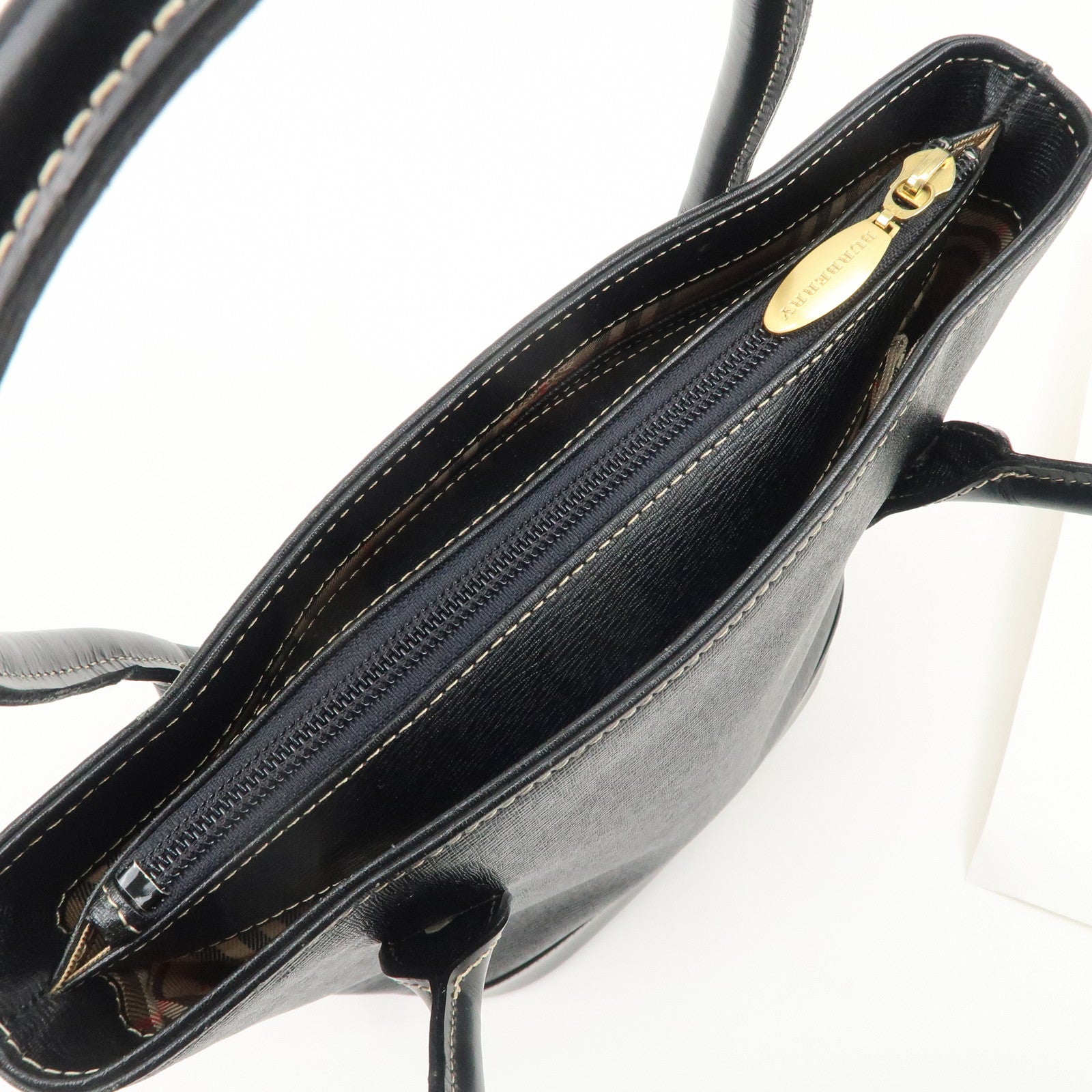 BURBERRY Logo Leather Tote Bag Hand Bag Black Used