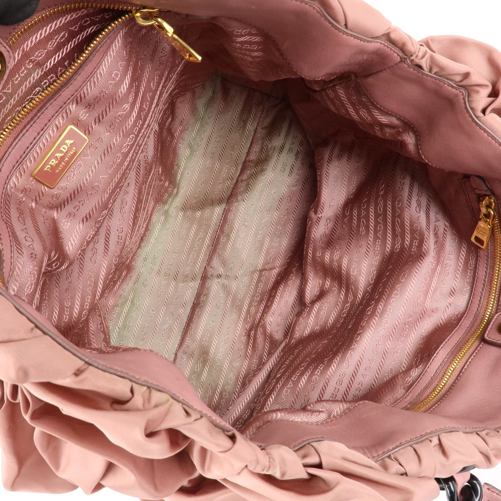 Prada Nylon Leather Gathered Chain Shoulder Tote Bag Pink Black Used