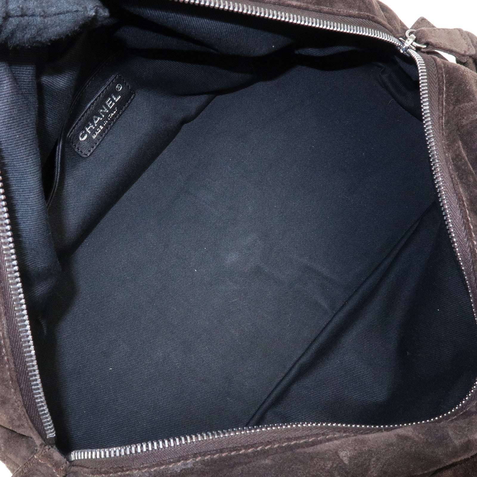 CHANEL Matelasse Suede Boston Bag Brown Silver Hardware Used