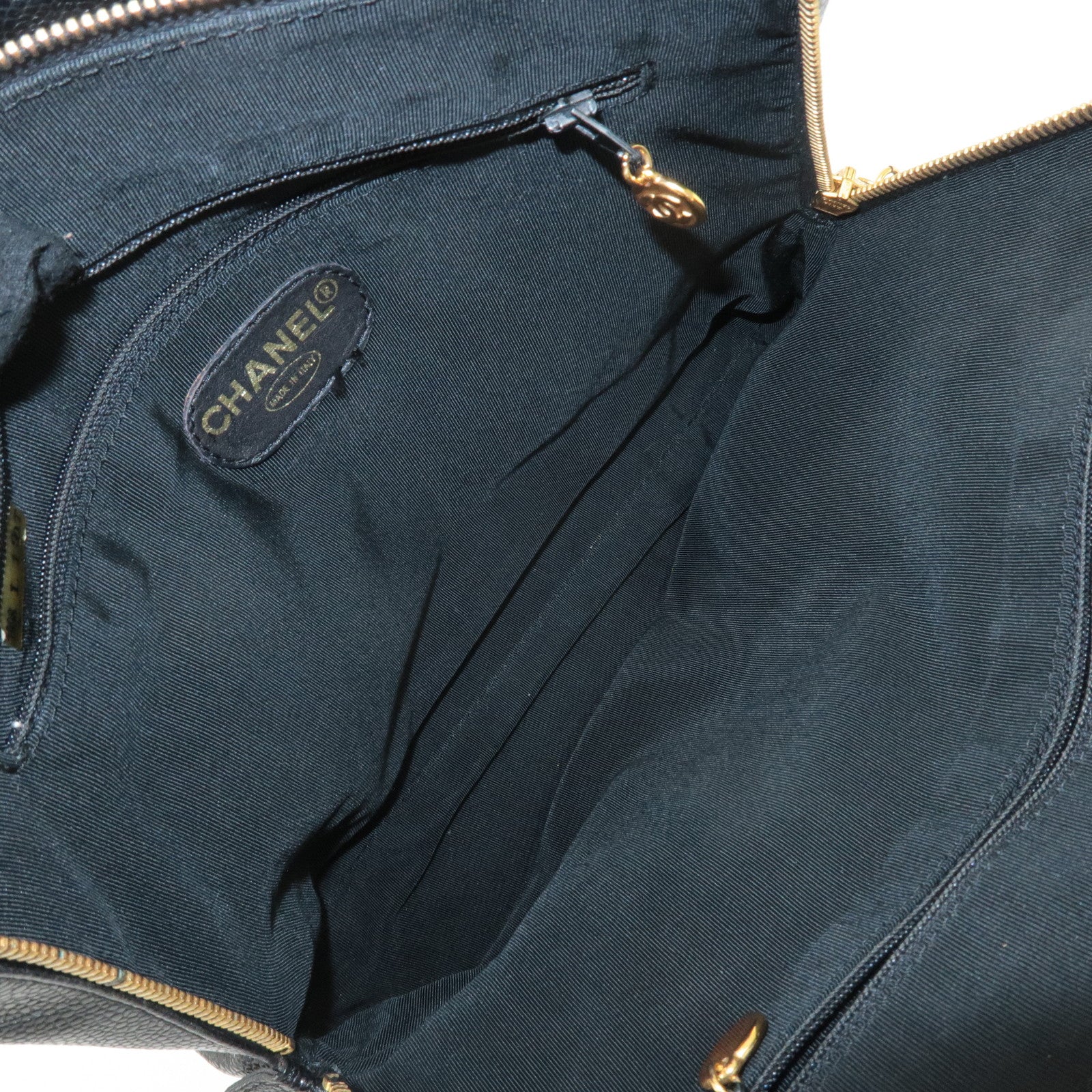 CHANEL Caviar Skin Chain Tote Bag Black Gold Used