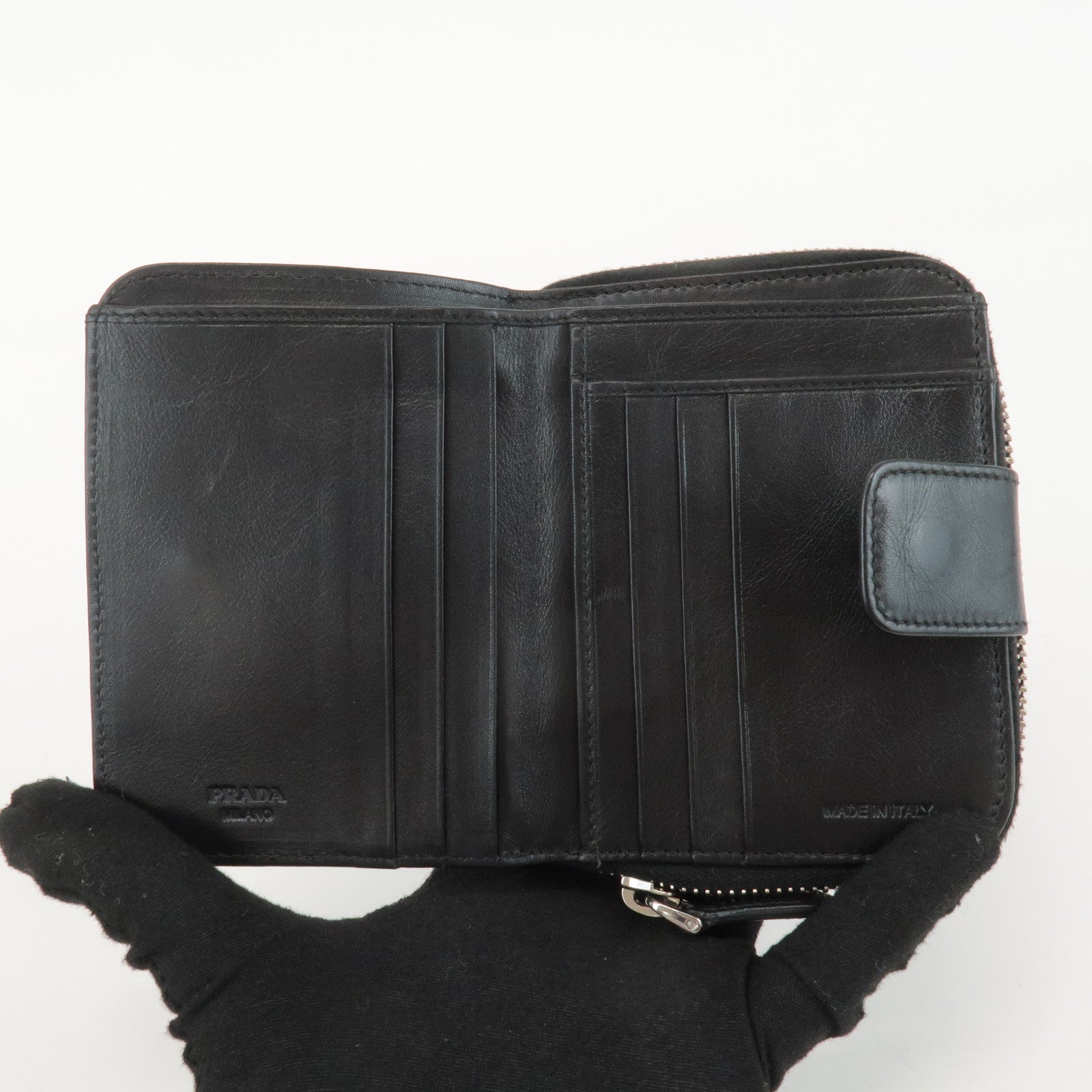 PRADA Logo Leather Round Zip Wallet Bijou Black Used