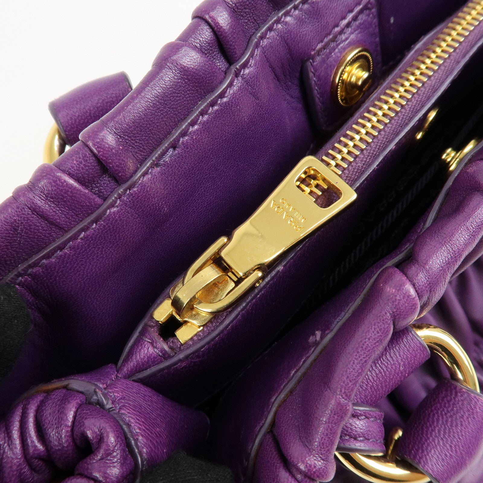 PRADA Leather Gathered Hand Bag Purple Gold Hardware BN2394 Used