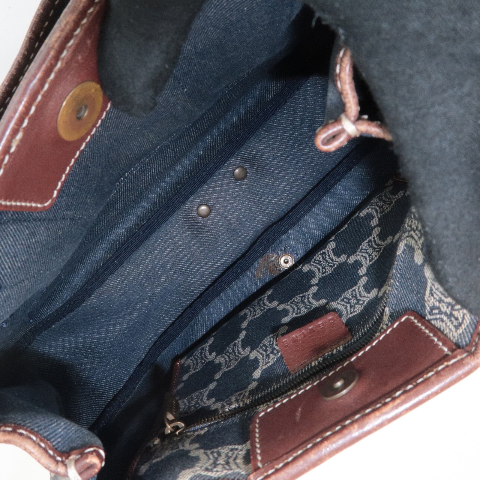 CELINE Macadam Denim Leather Shoulder Bag Blue Brown Used