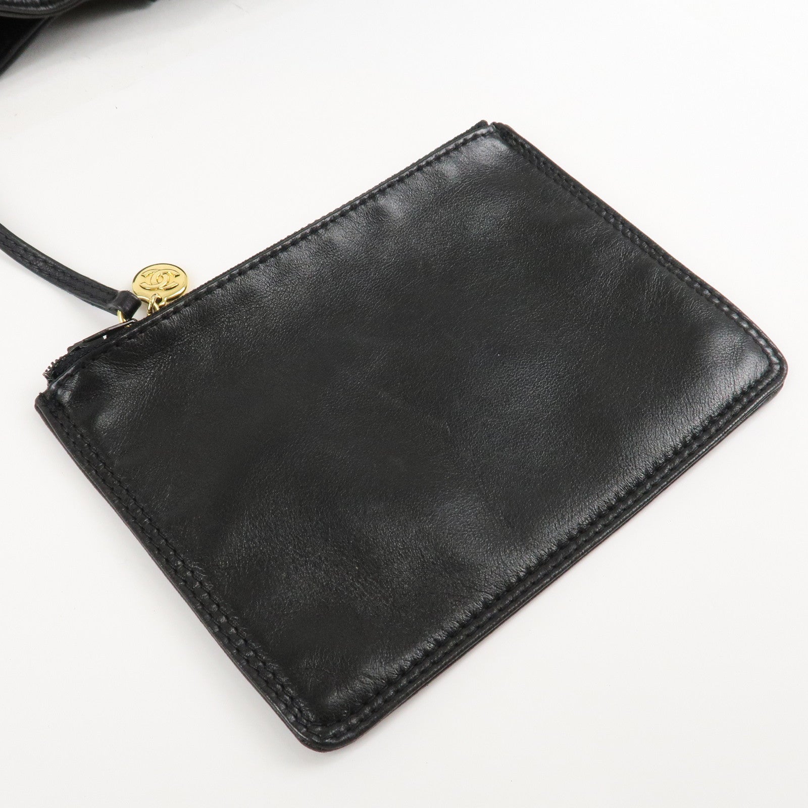 CHANEL COCO Mark Lamb Skin Stitch Shoulder Bag Black Gold Used