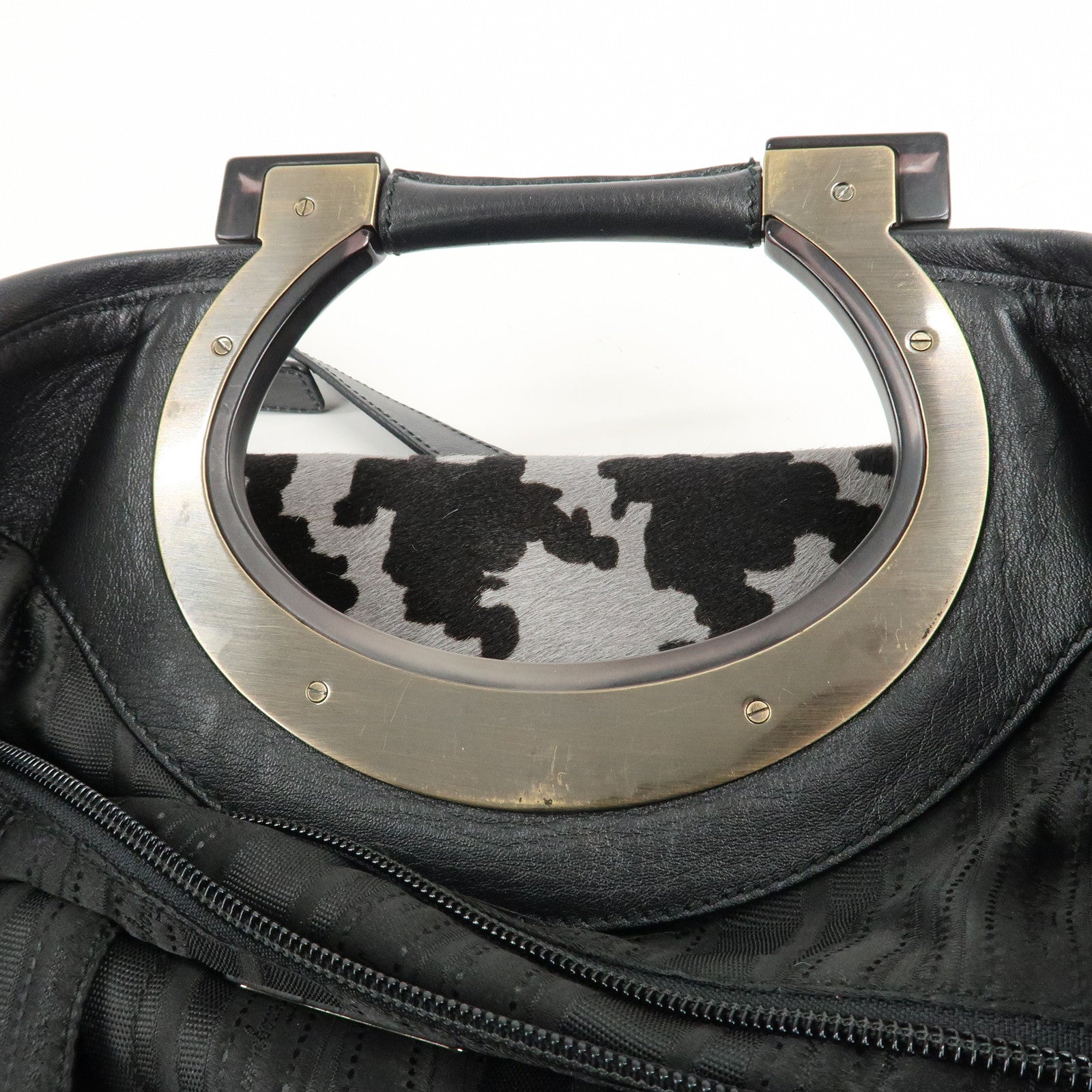 Ferragamo Gancini Unborn Calf Leather 2Way Bag Gray Black Used