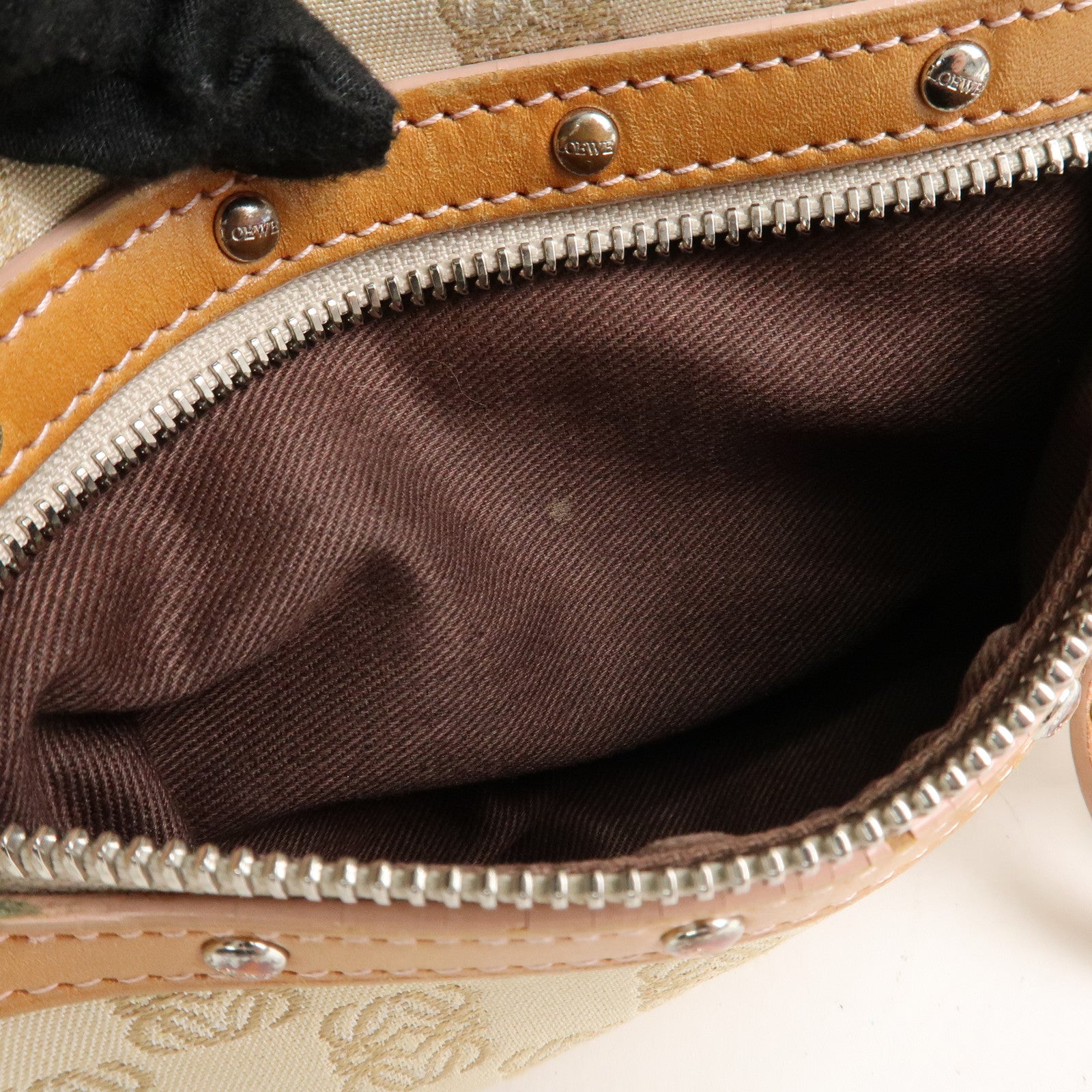 LOEWE Anagram Canvas Leather Shoulder Bag Boston Bag Beige Brown Used