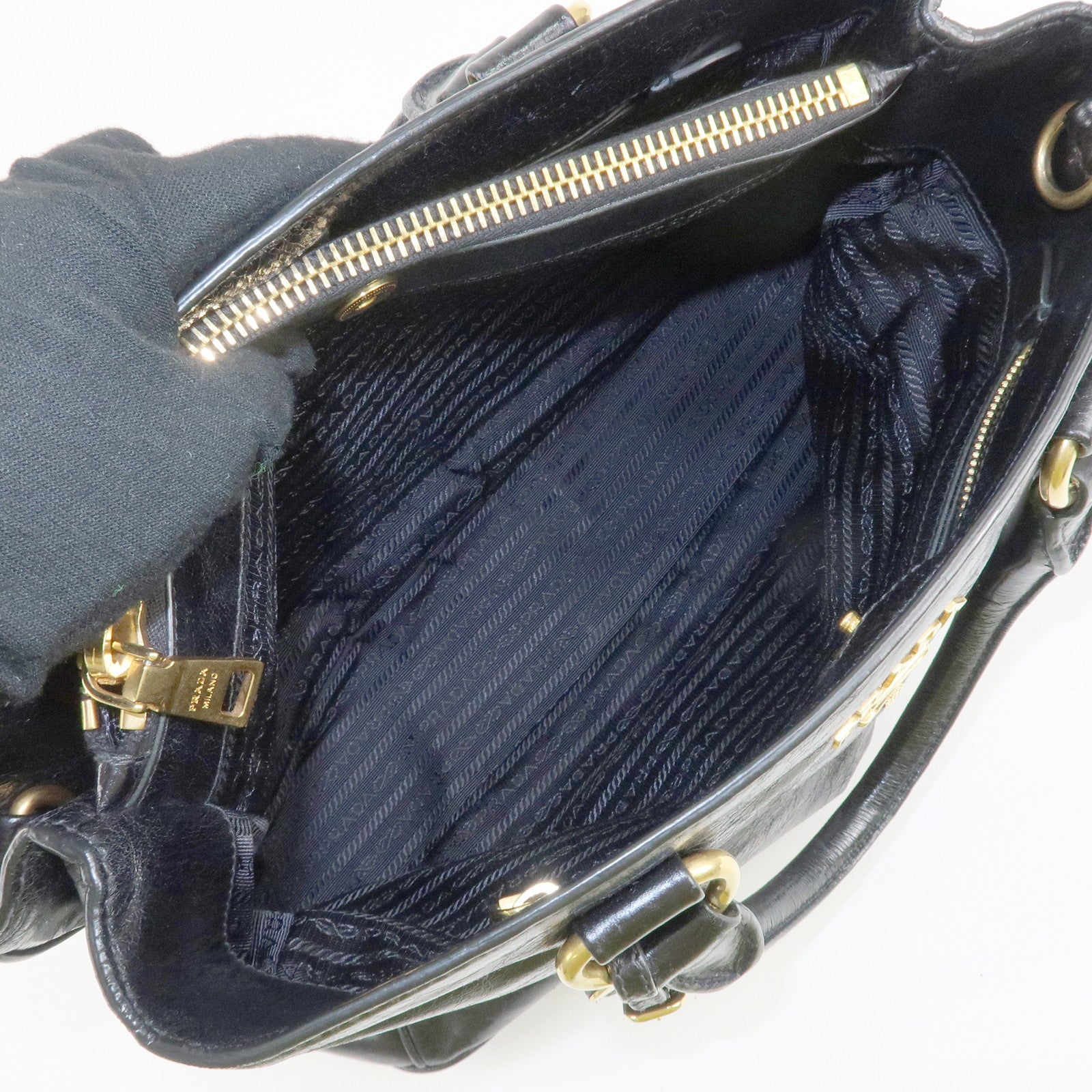 PRADA Leather 2way Bag Hand Bag Shoulder Bag Black Gold HDW Used