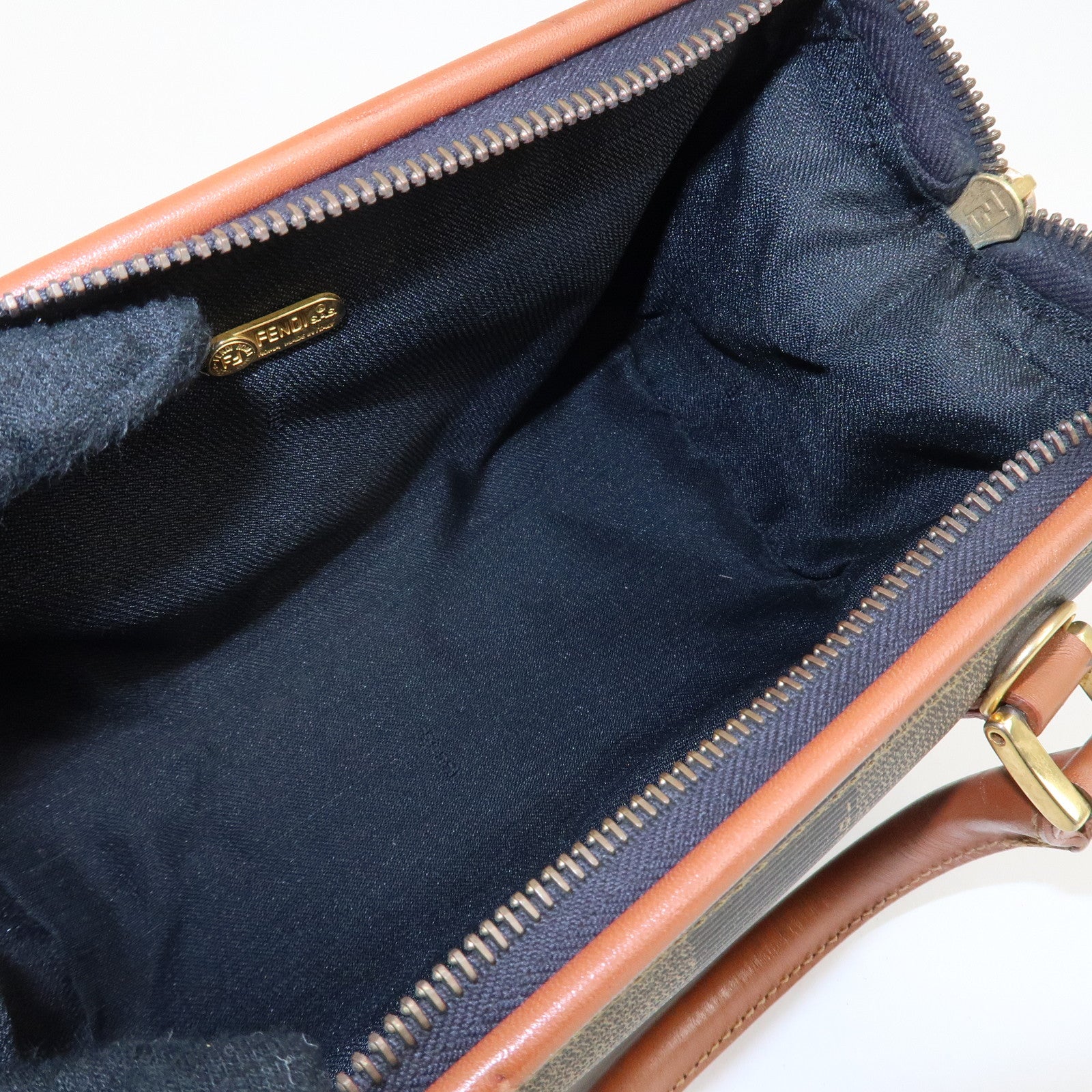 FENDI Pequin PVC Leather Mini Boston Bag Khaki Brown Black Used