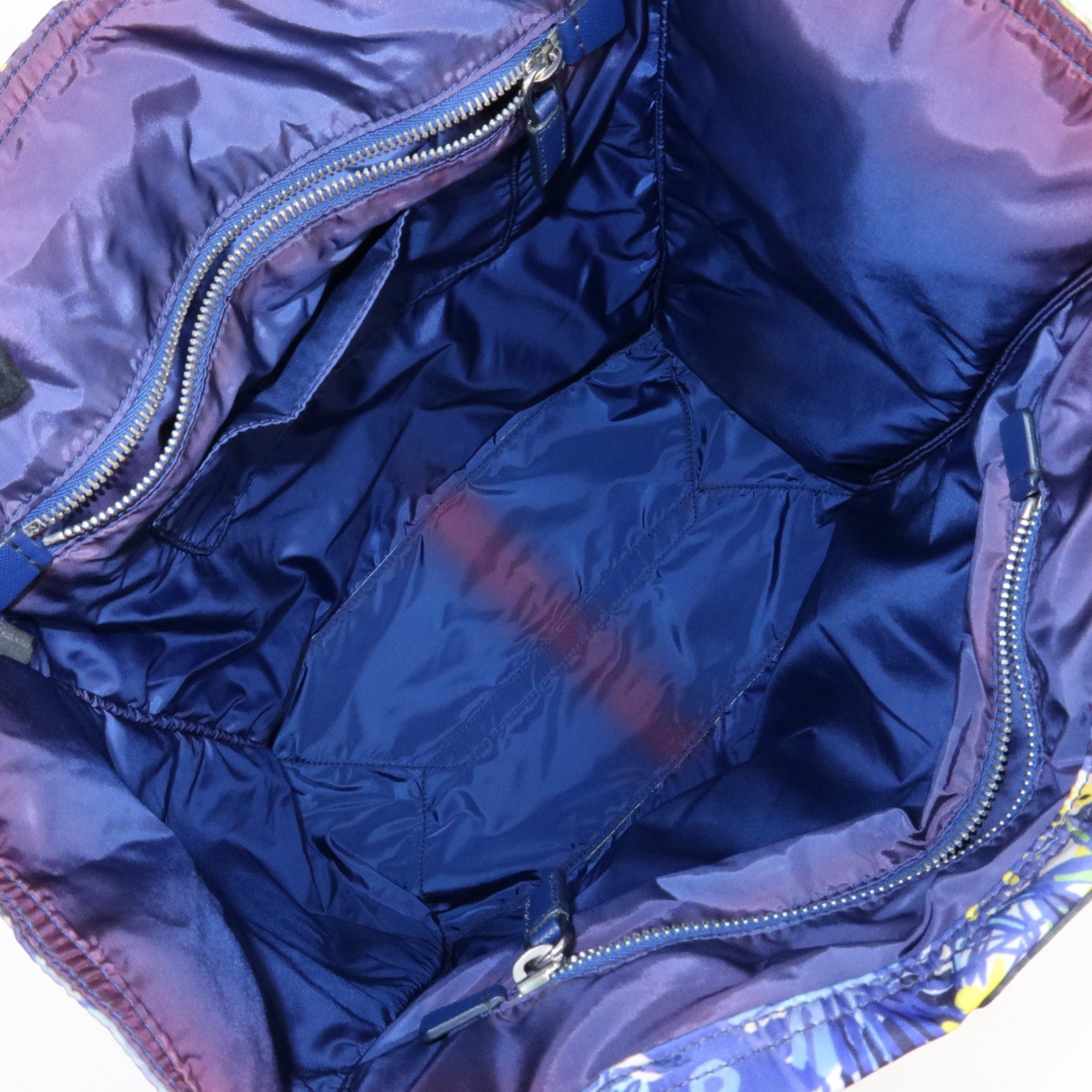 PRADA Logo Nylon Leather Tote Bag Floral Print Blue BN2851 Used