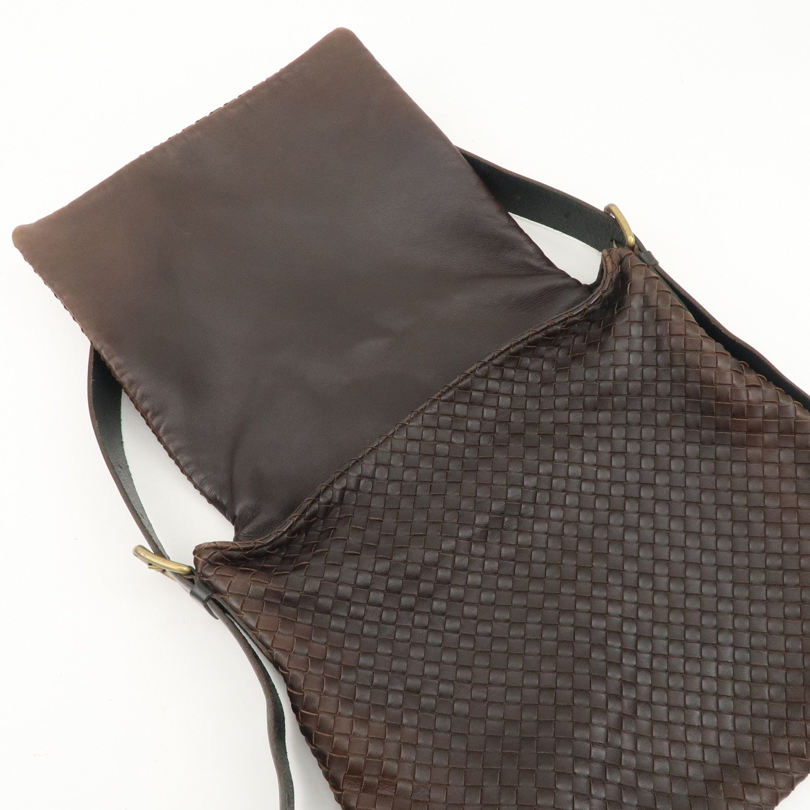 BOTTEGA VENETA Intrecciato Leather Shoulder Bag Dark Brown BlackUsed F/S Used