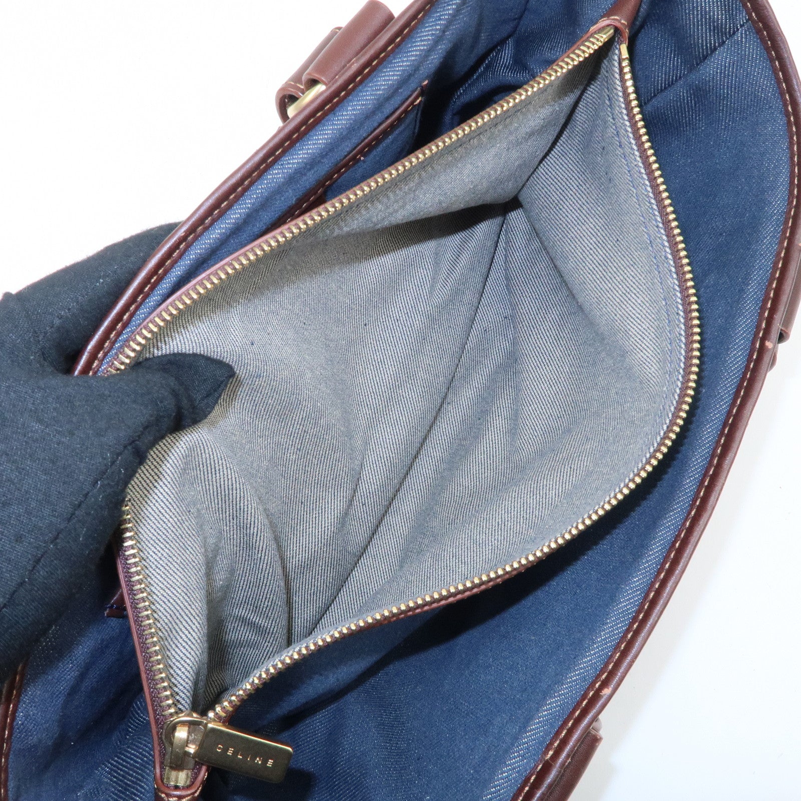 CELINE Macadam Denim Canvas Leather Boogie Bag Tote Bag Blue Brown Used