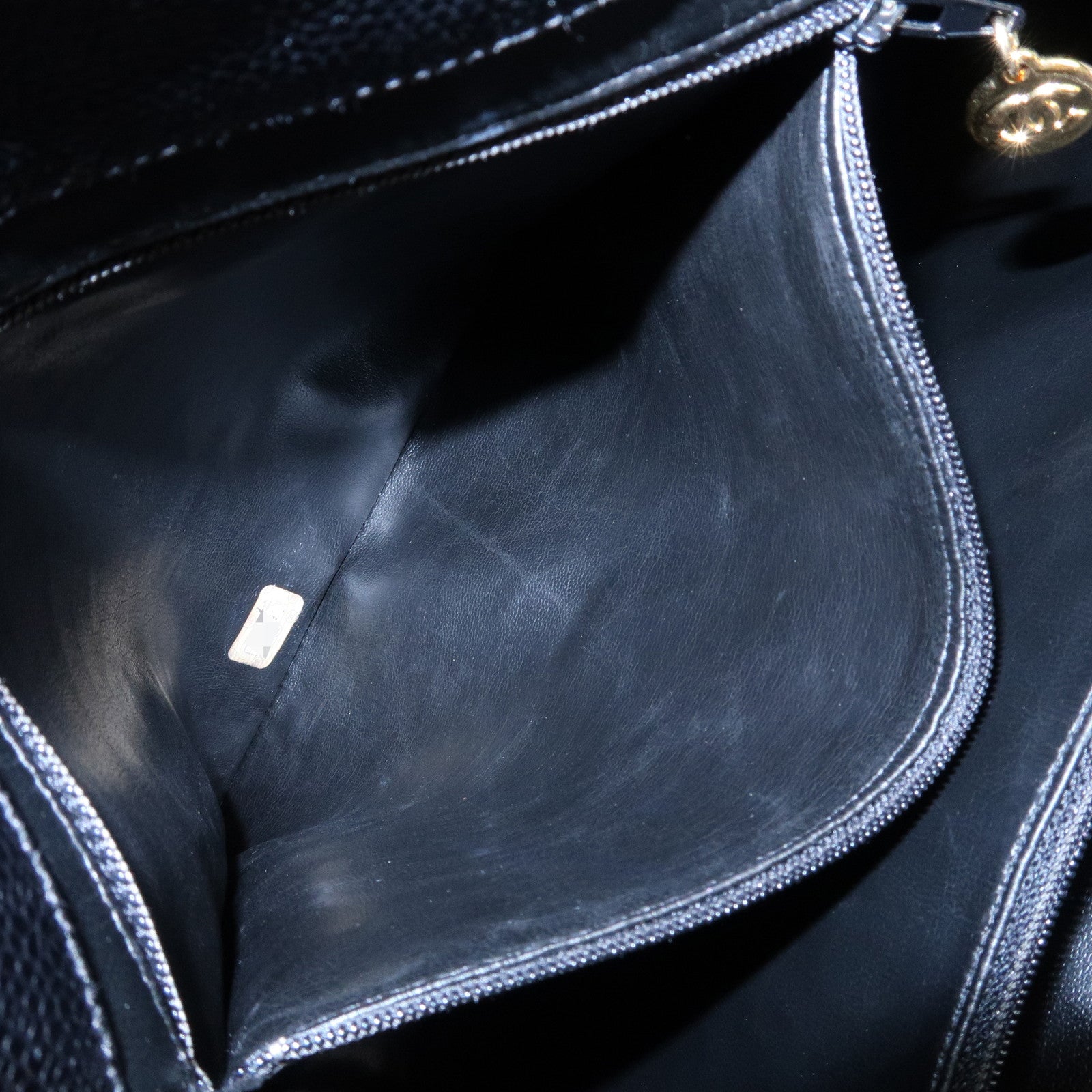 CHANEL COCO Mark Caviar Skin Chain Tote Bag Black Gold Used