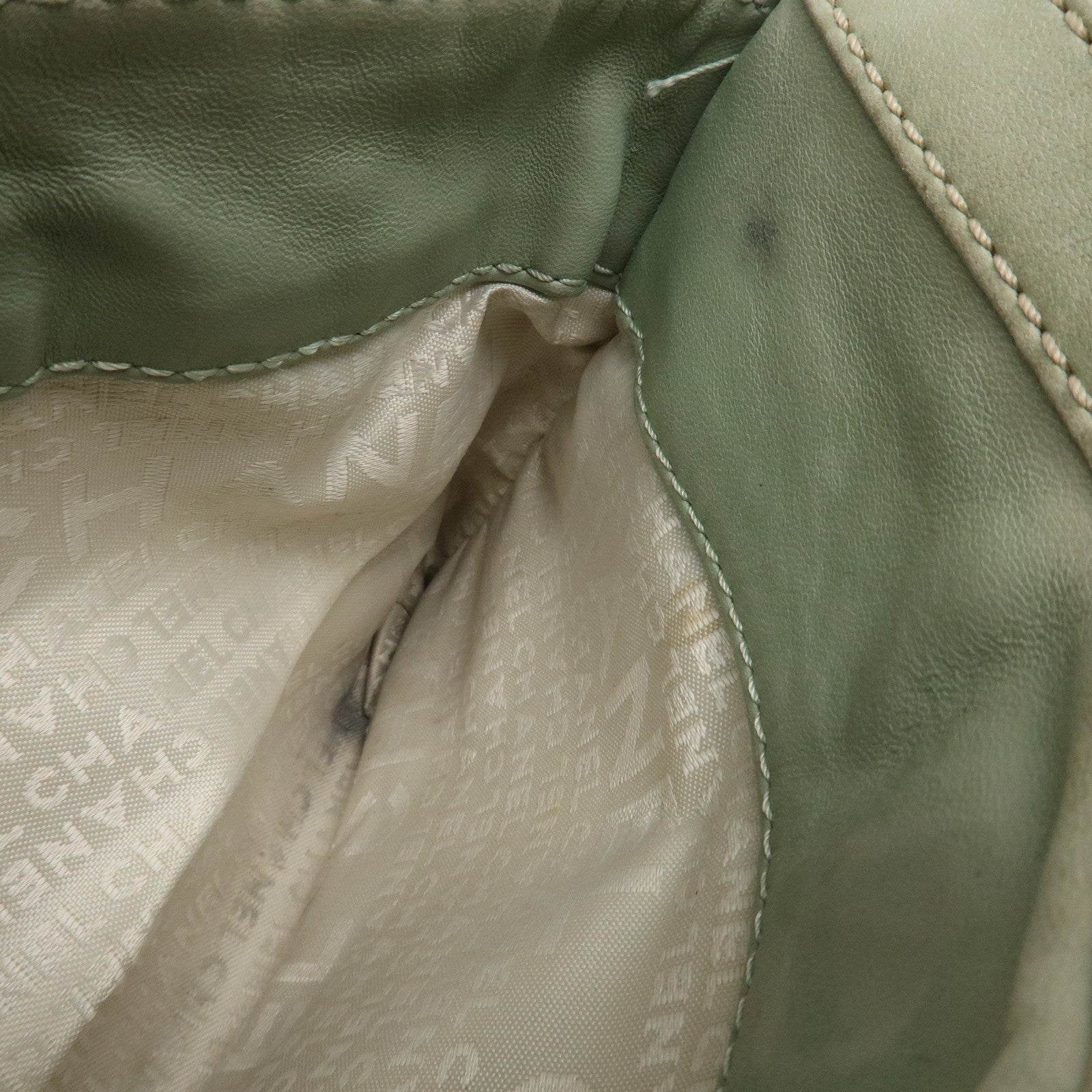 CHANEL Cotton Leather Chain Shoulder Bag Ivory Light Green Used