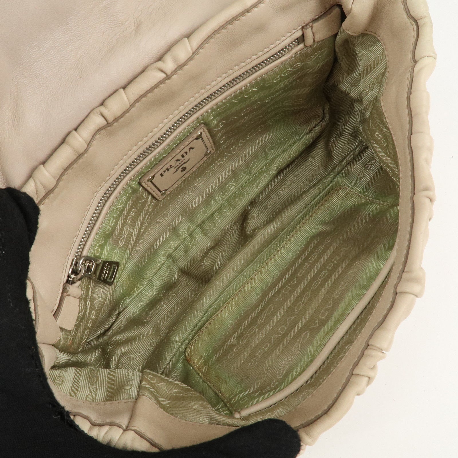 PRADA Leather Gathered Chain Shoulder Bag Ivory B4695C Used