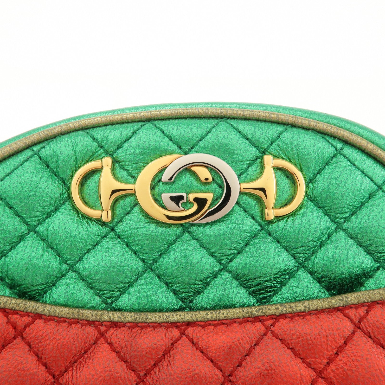 GUCCI Laminate Quilting Leather Shoulder Bag Green Red Gold 534951 Used