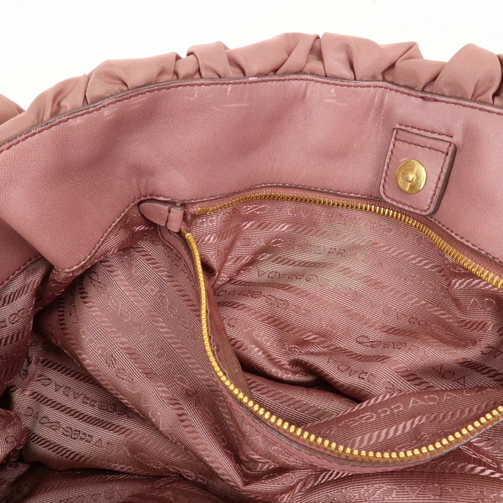 Prada Nylon Leather Gathered Chain Shoulder Tote Bag Pink Black Used
