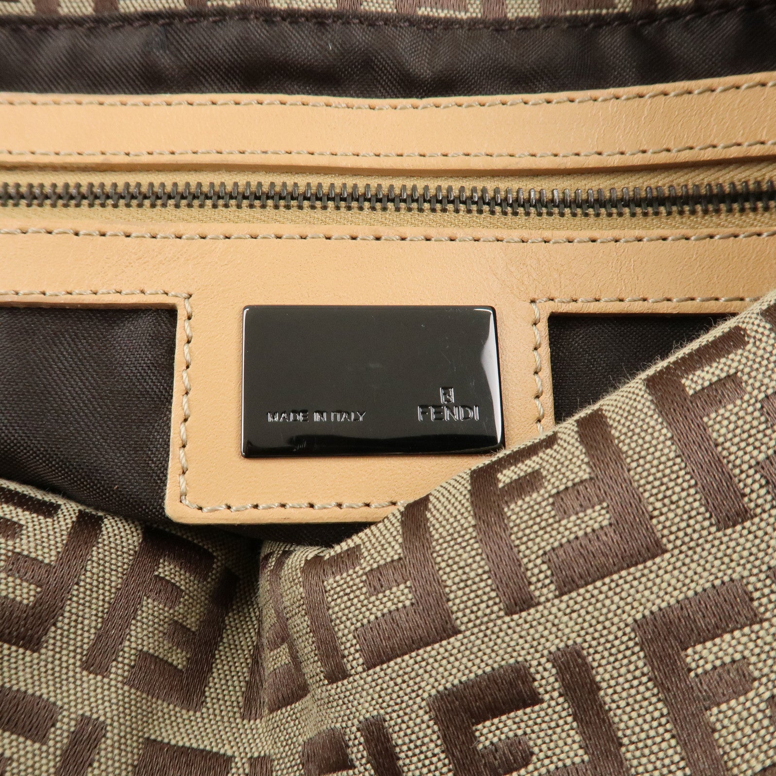 FENDI Zucchino Canvas Leather Shoulder Bag Beige 8BR003 Used