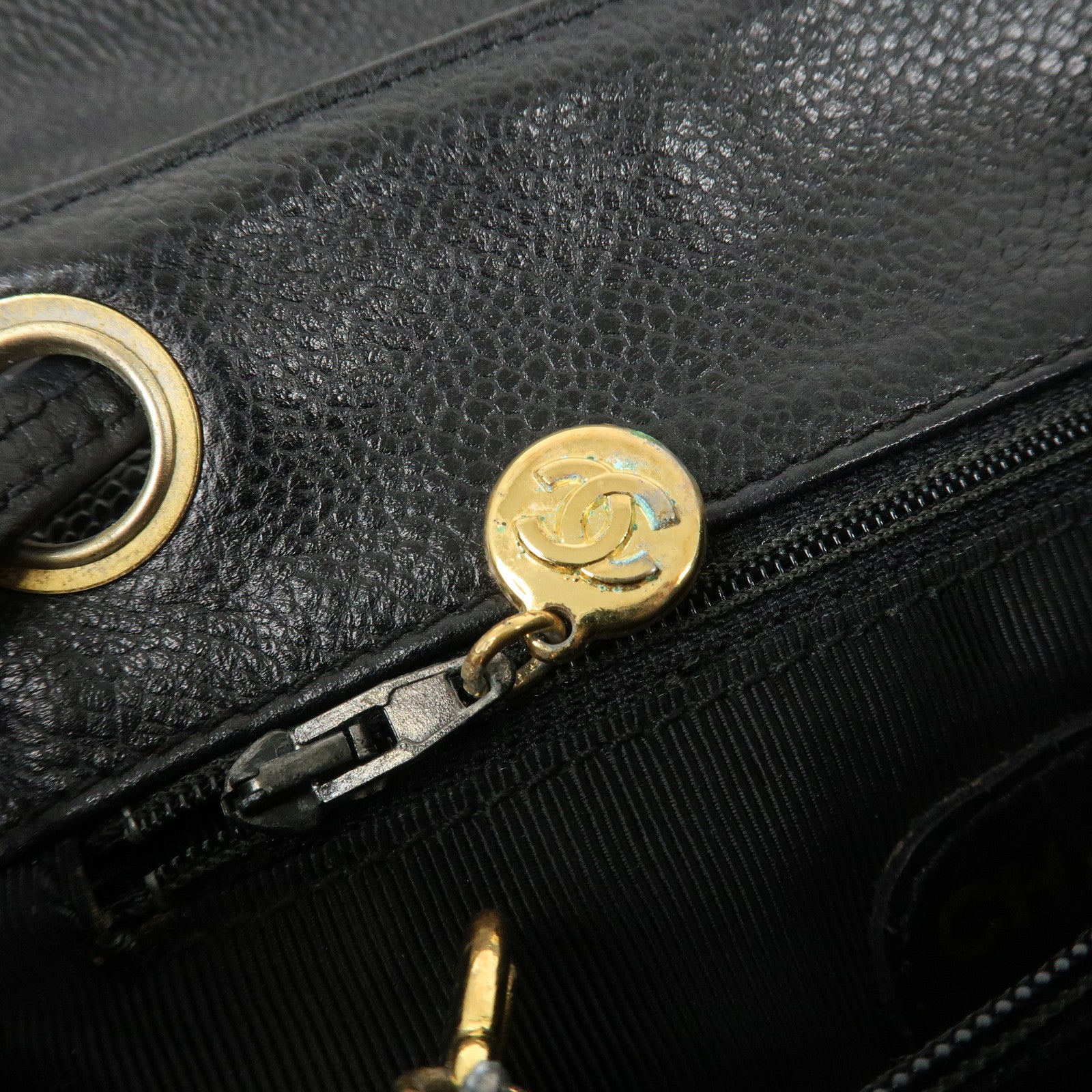 CHANEL Triple COCO Caviar Skin Chain Back Pack Black Gold Used