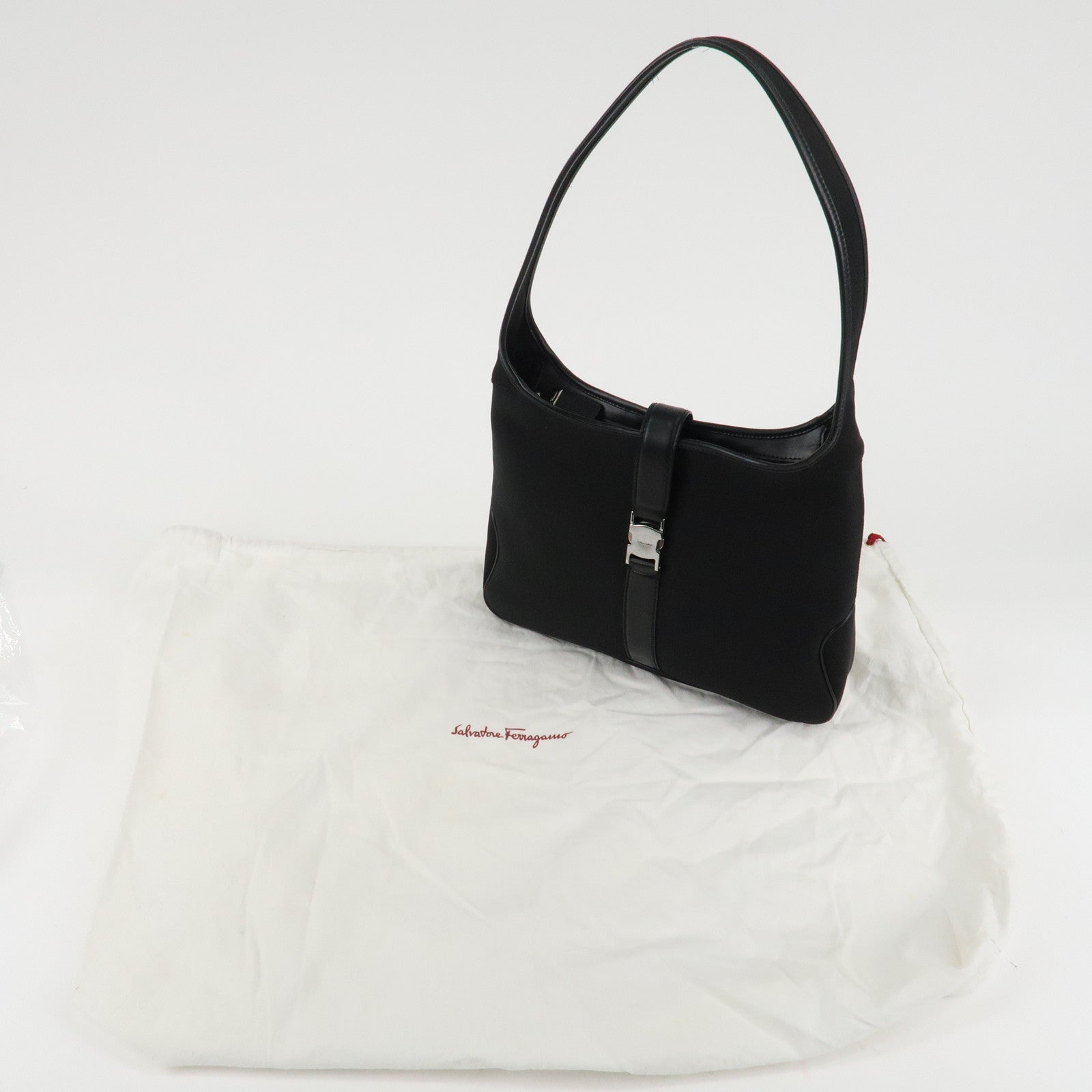 Ferragamo Nylon Leather Shoulder Bag Hand Bag Silver HDW Black Used