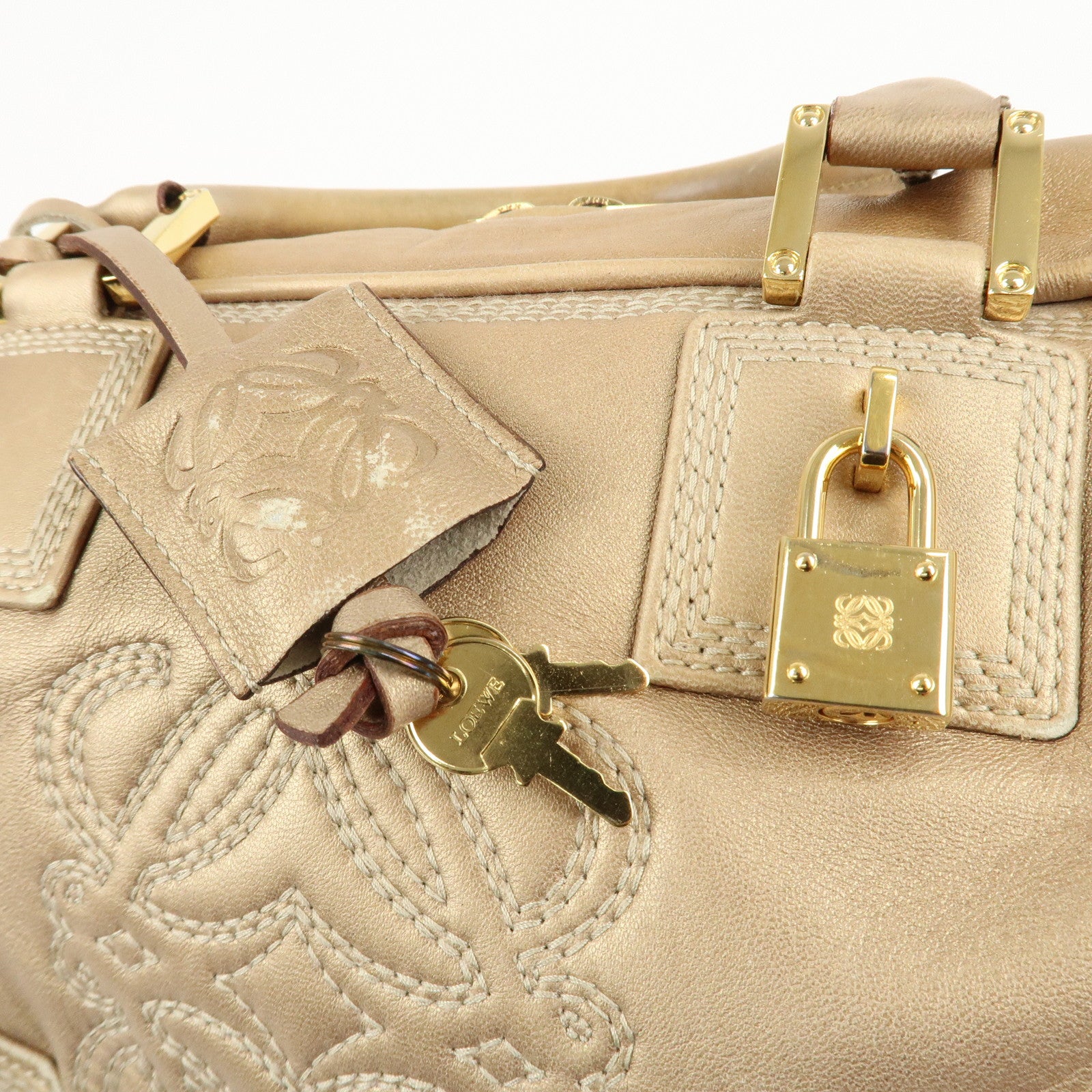 LOEWE Anagram Leather Amazona 28 Hand Bag Boston Bag Gold Used