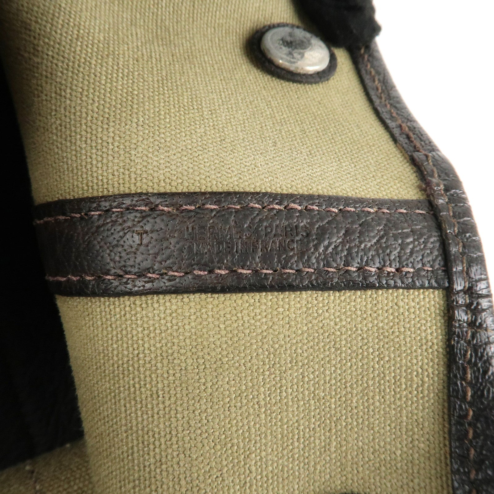HERMES ToileOfficier Garden Party PM T Stamped Tote Bag Khaki Used