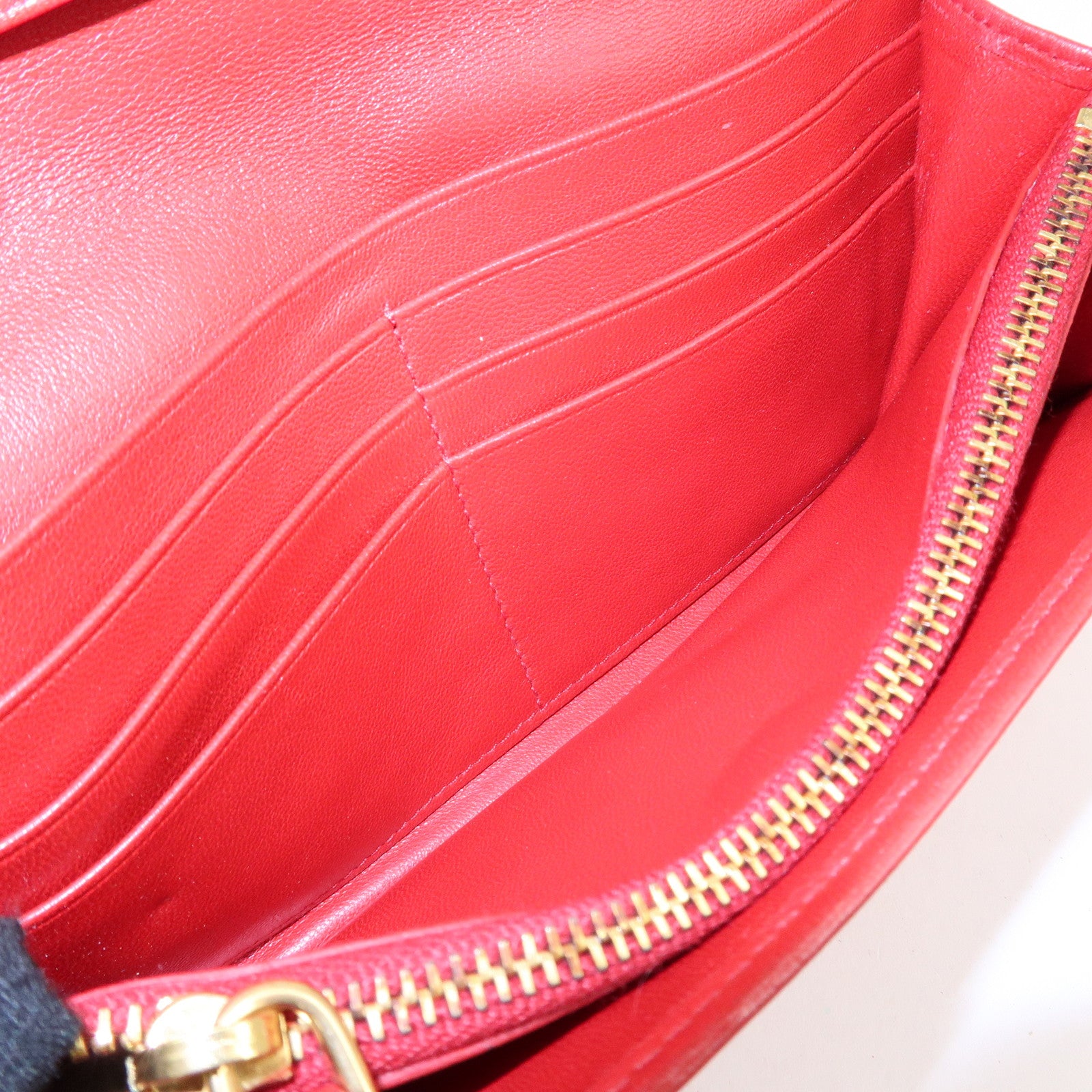 PRADA Logo Leather Bi-Fold Long Wallet Red Gold Hardware Used