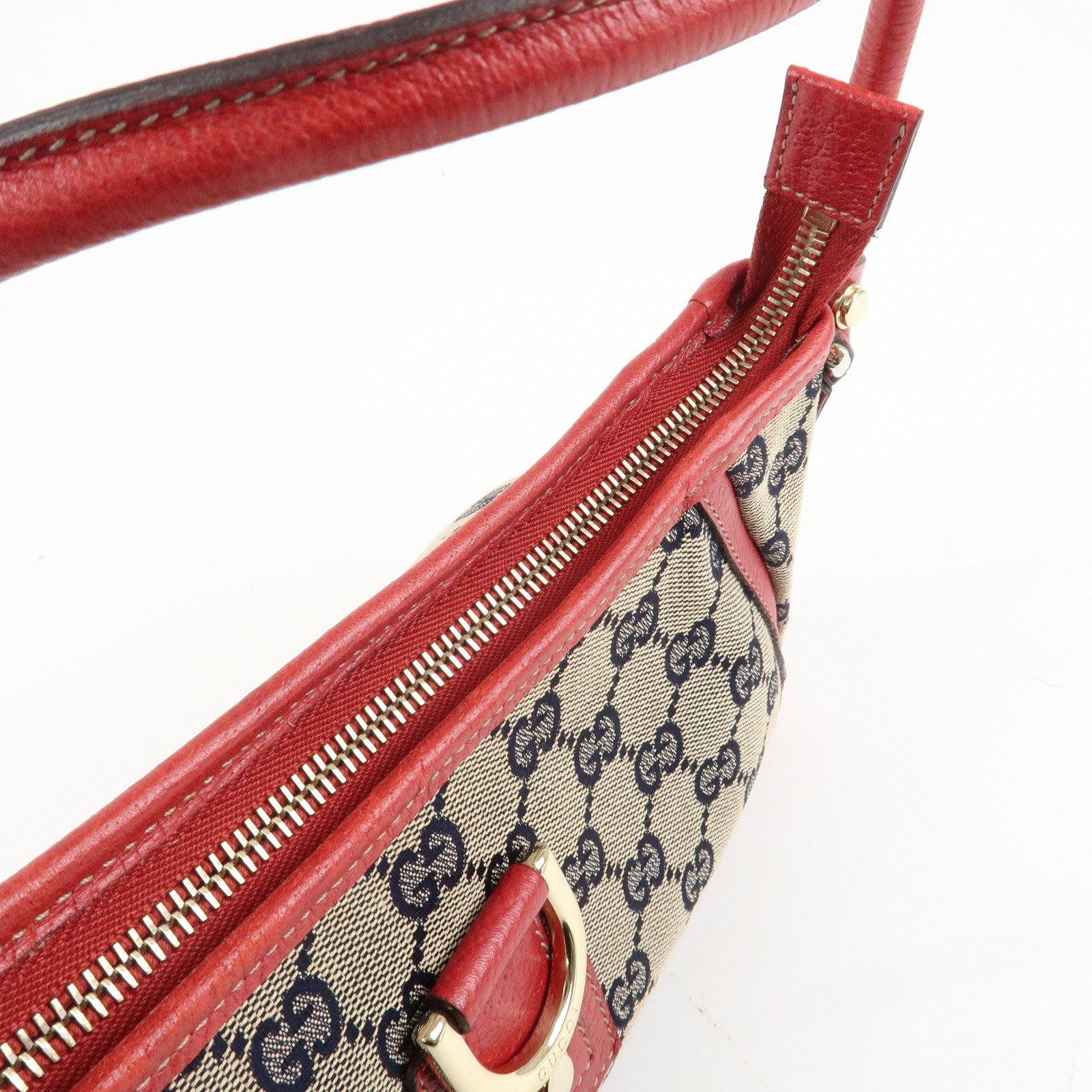 GUCCI Abbey GG Canvas Leather Shoulder Bag Beige Navy Red 130939 Used