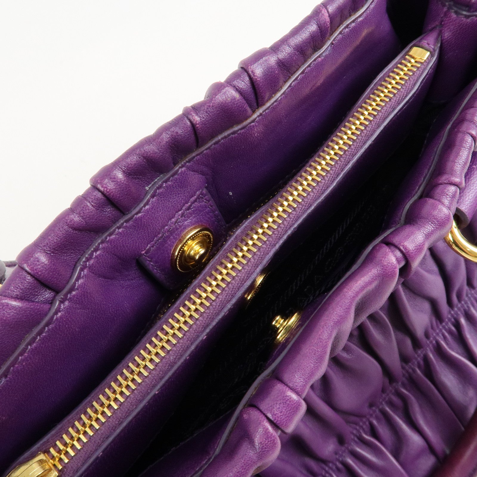 PRADA Leather Gathered Hand Bag Purple Gold Hardware BN2394 Used