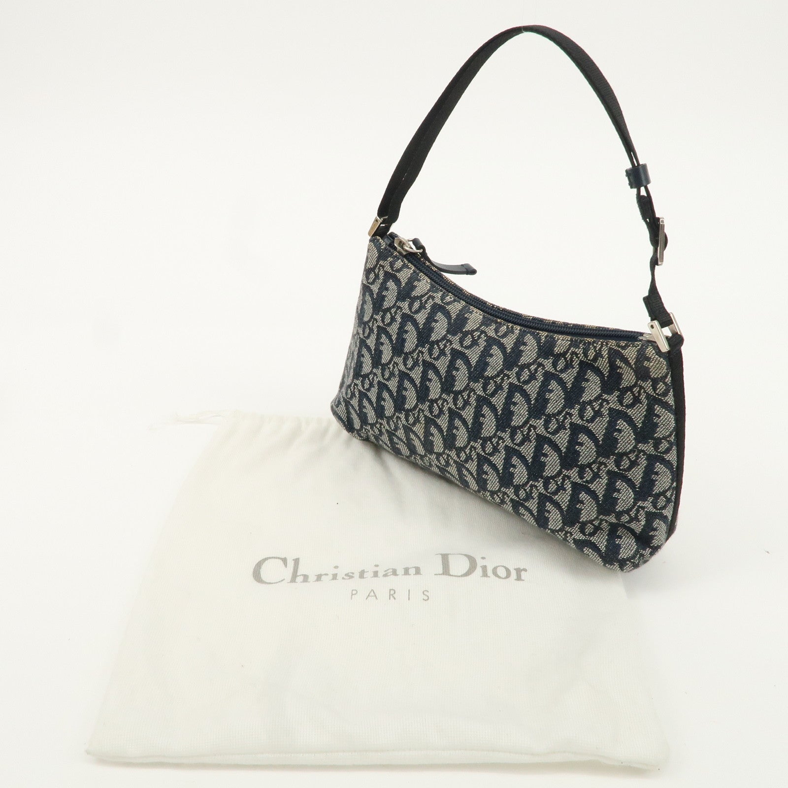 Christian Dior Trotter Canvas Leather Shoulder Bag Navy White Used