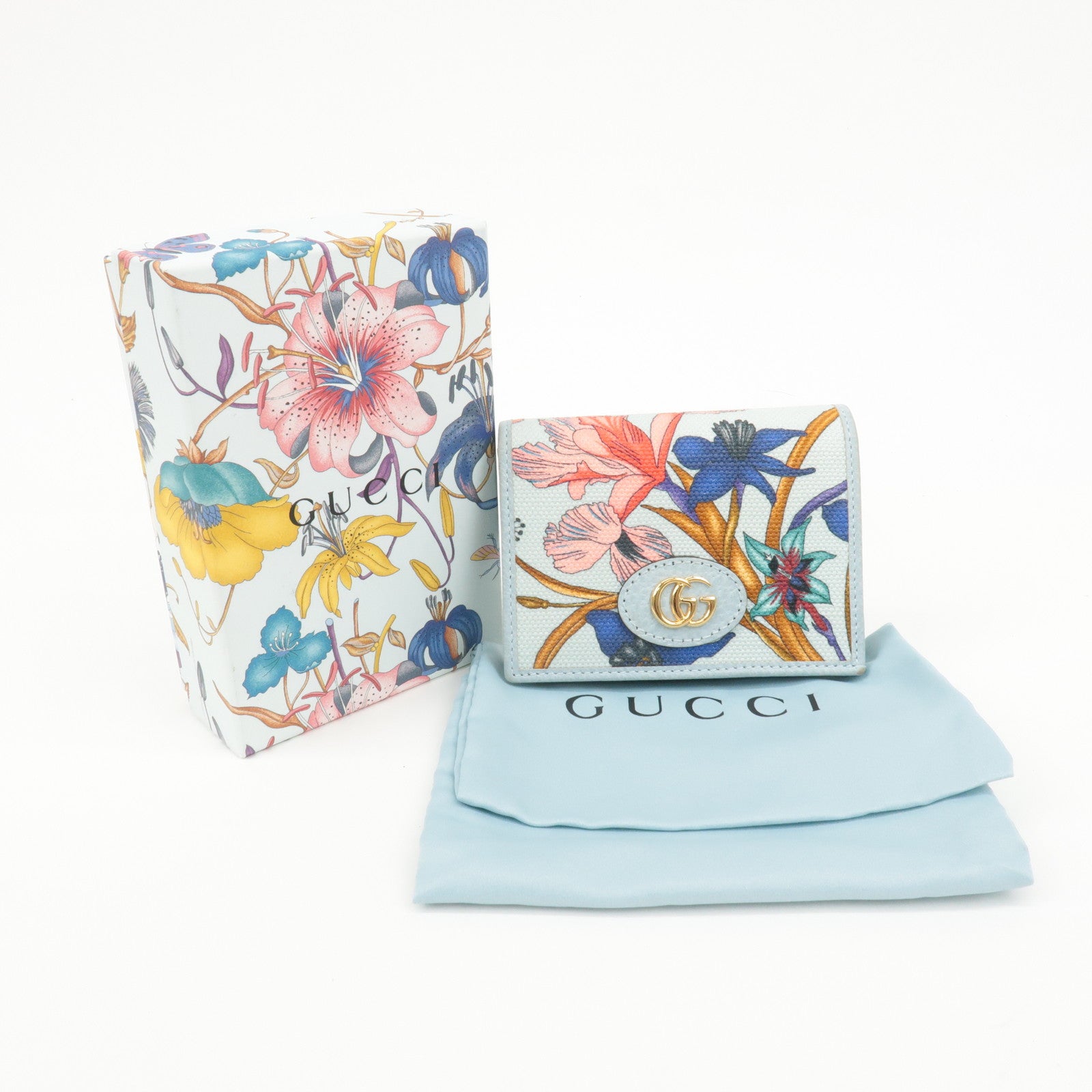 GUCCI GG Marmont Flora Canvas Leather Bi-fold Compact Wallet Used
