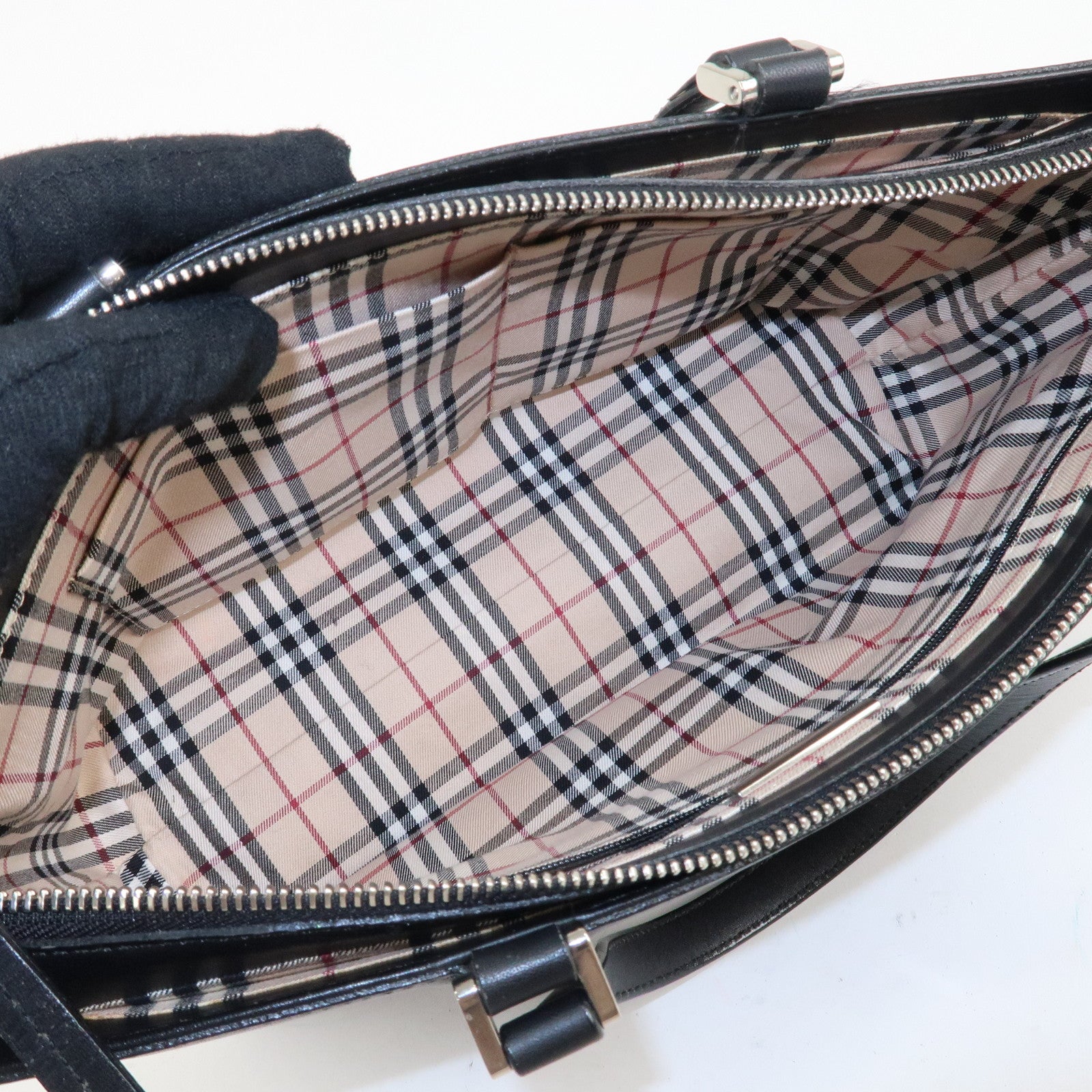 BURBERRY Leather Tote Bag Hand Bag Black Silver Hardware Used