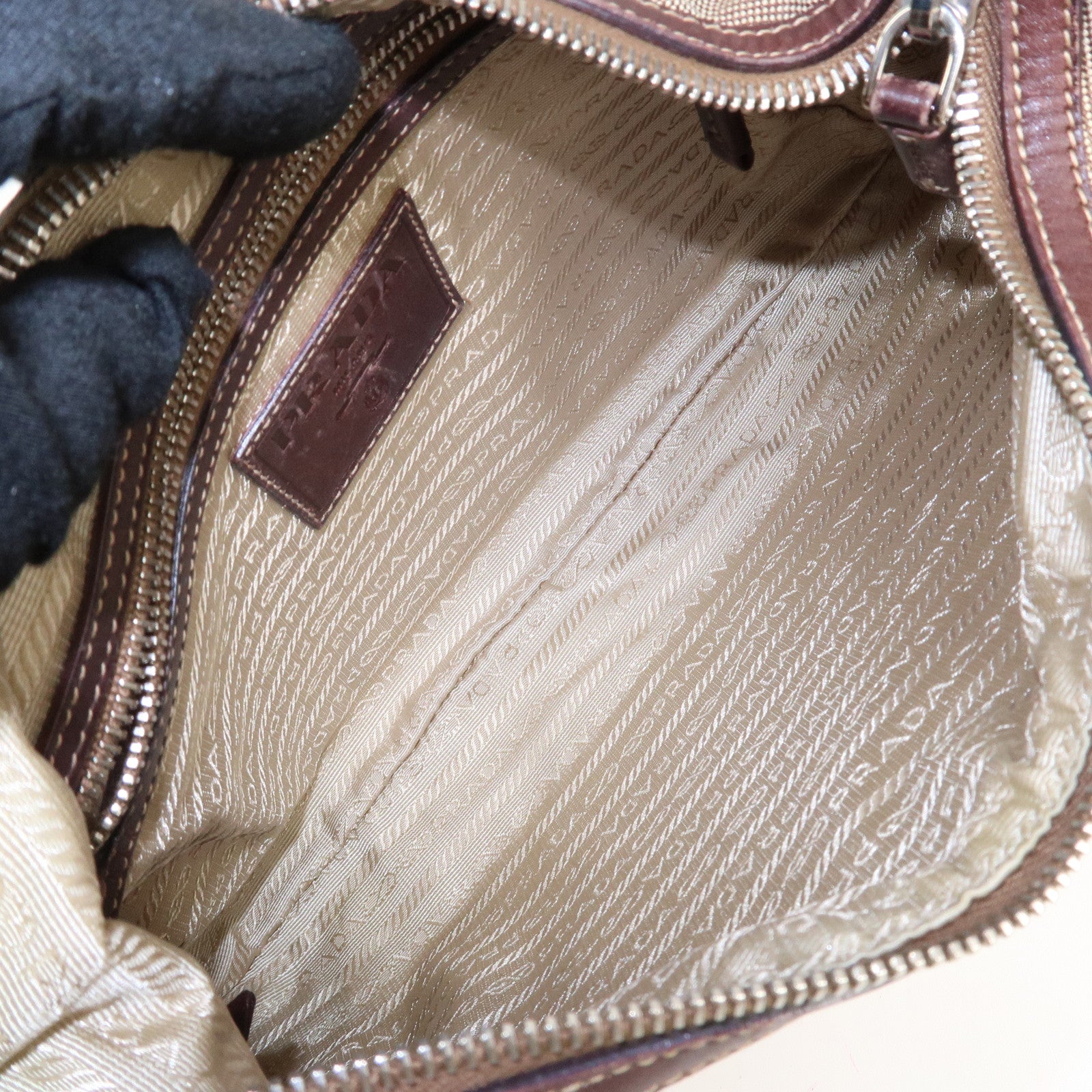 PRADA Logo Jacquard Leather Shoulder Bag Beige Brown Used