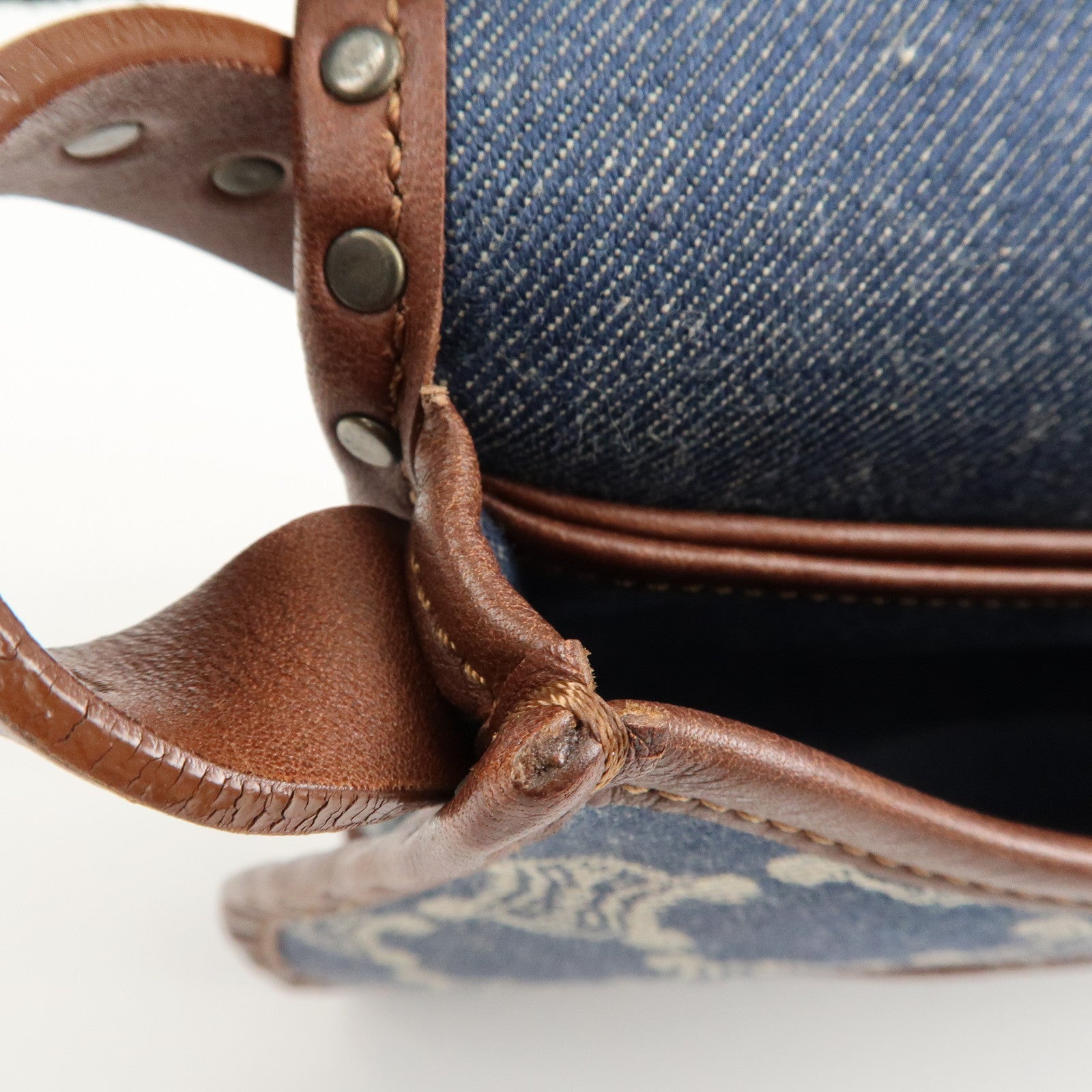 CELINE Macadam Denim Leather Shoulder Bag Blue Brown Used