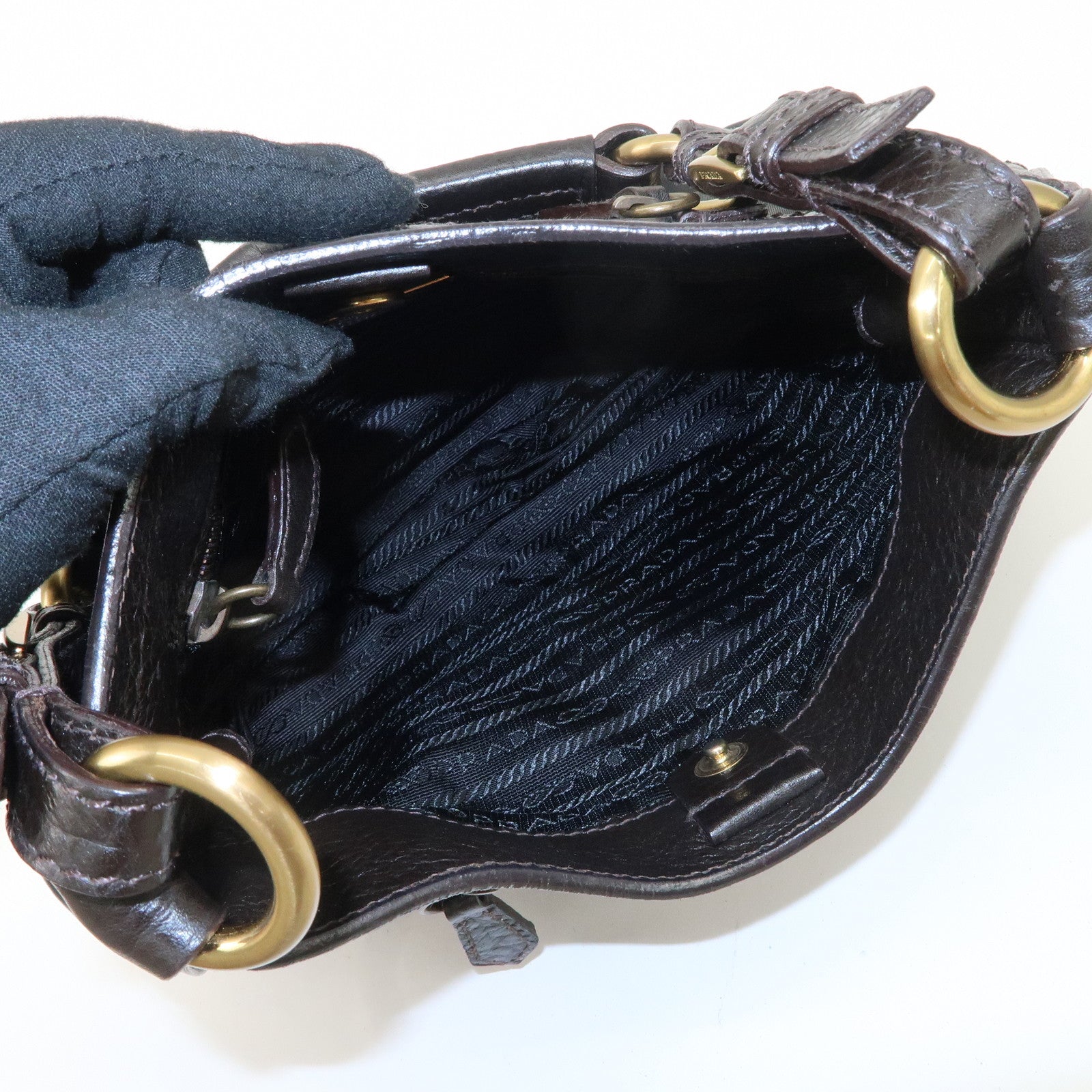 PRADA Nylon Leather Shoulder Bag Black Dark Brown BR1973 Used