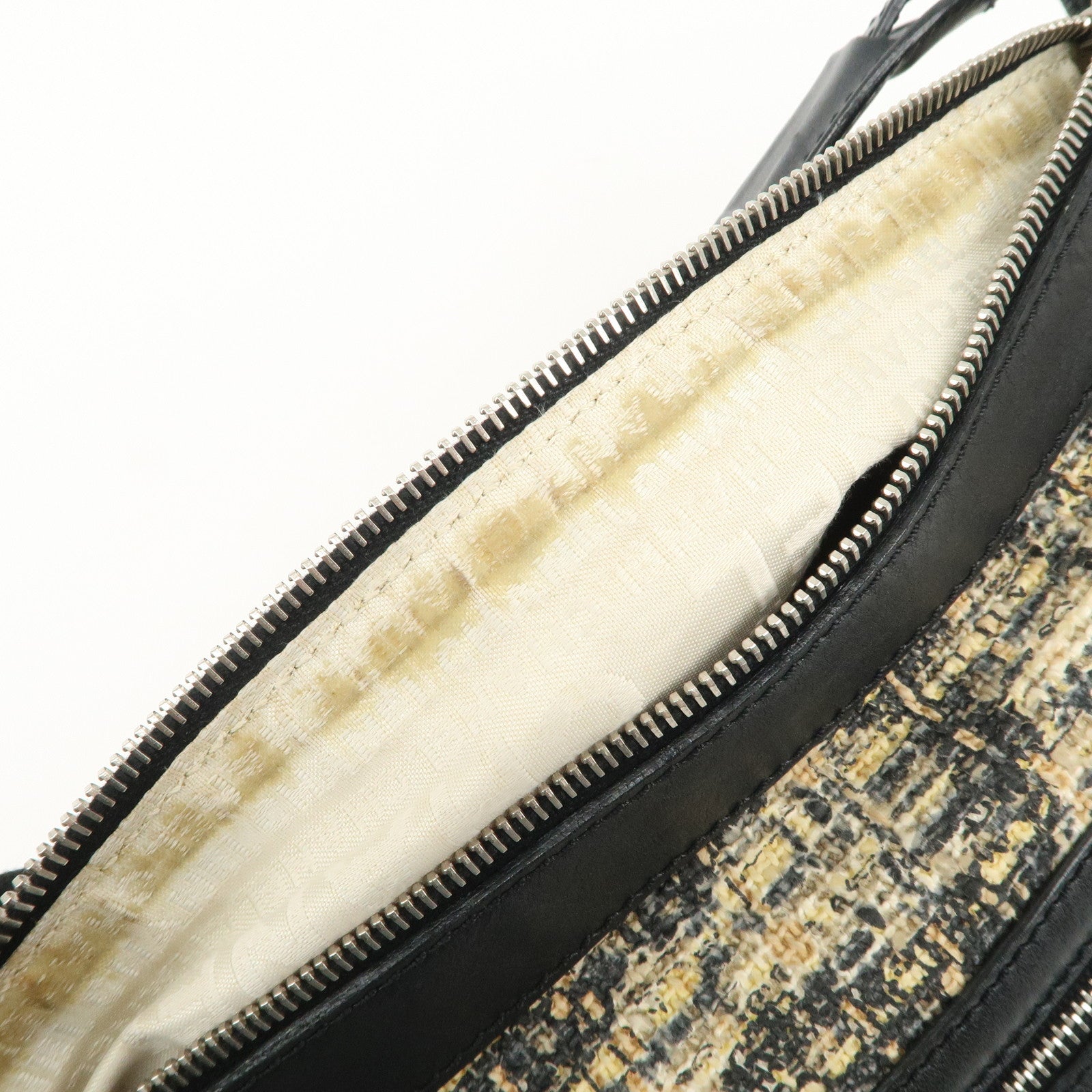 CHANEL Tweed Leather Shoulder Bag Hand Bag Black Beige Used