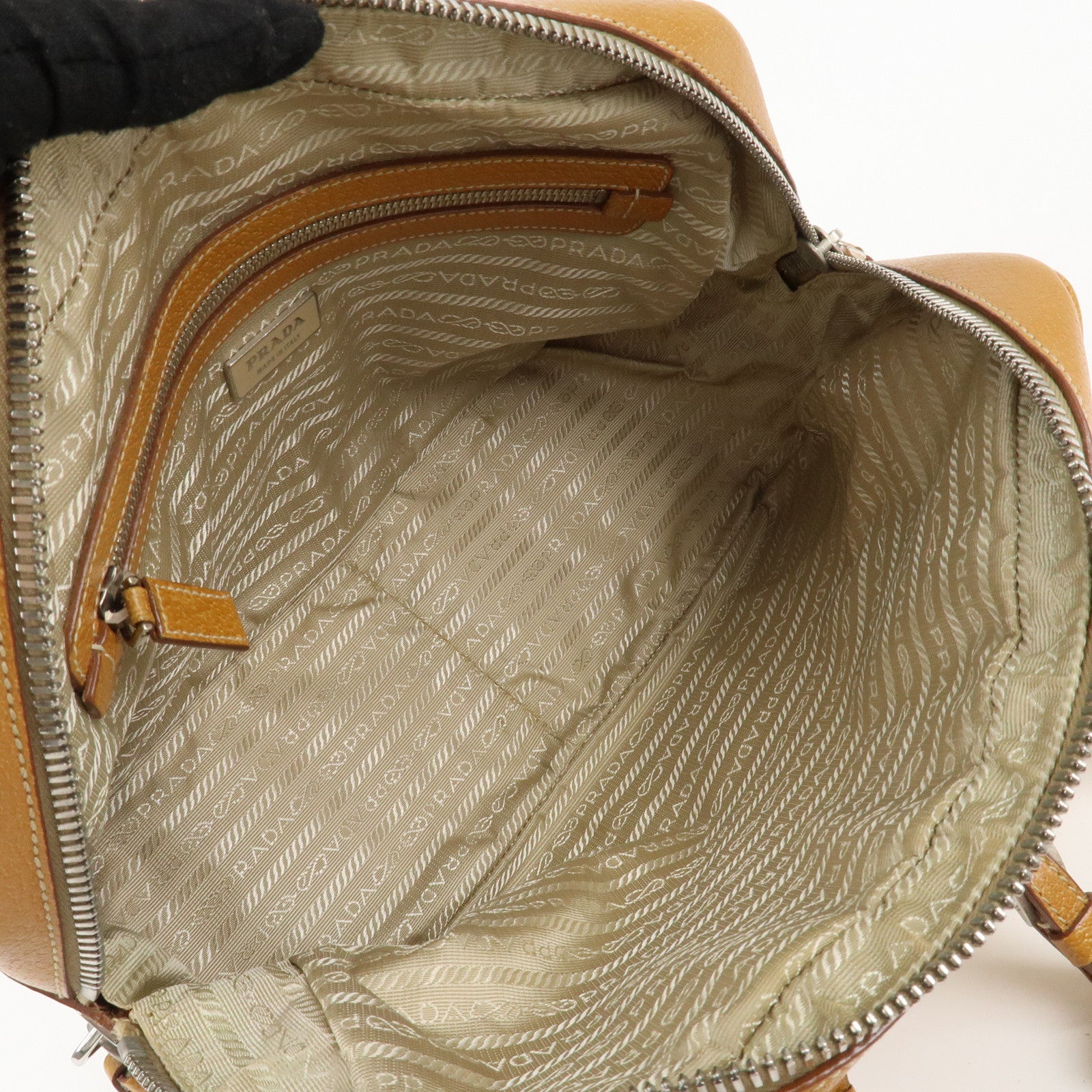 PRADA Canvas Leather Triangle Logo Boston Bag Ivory Brown Used