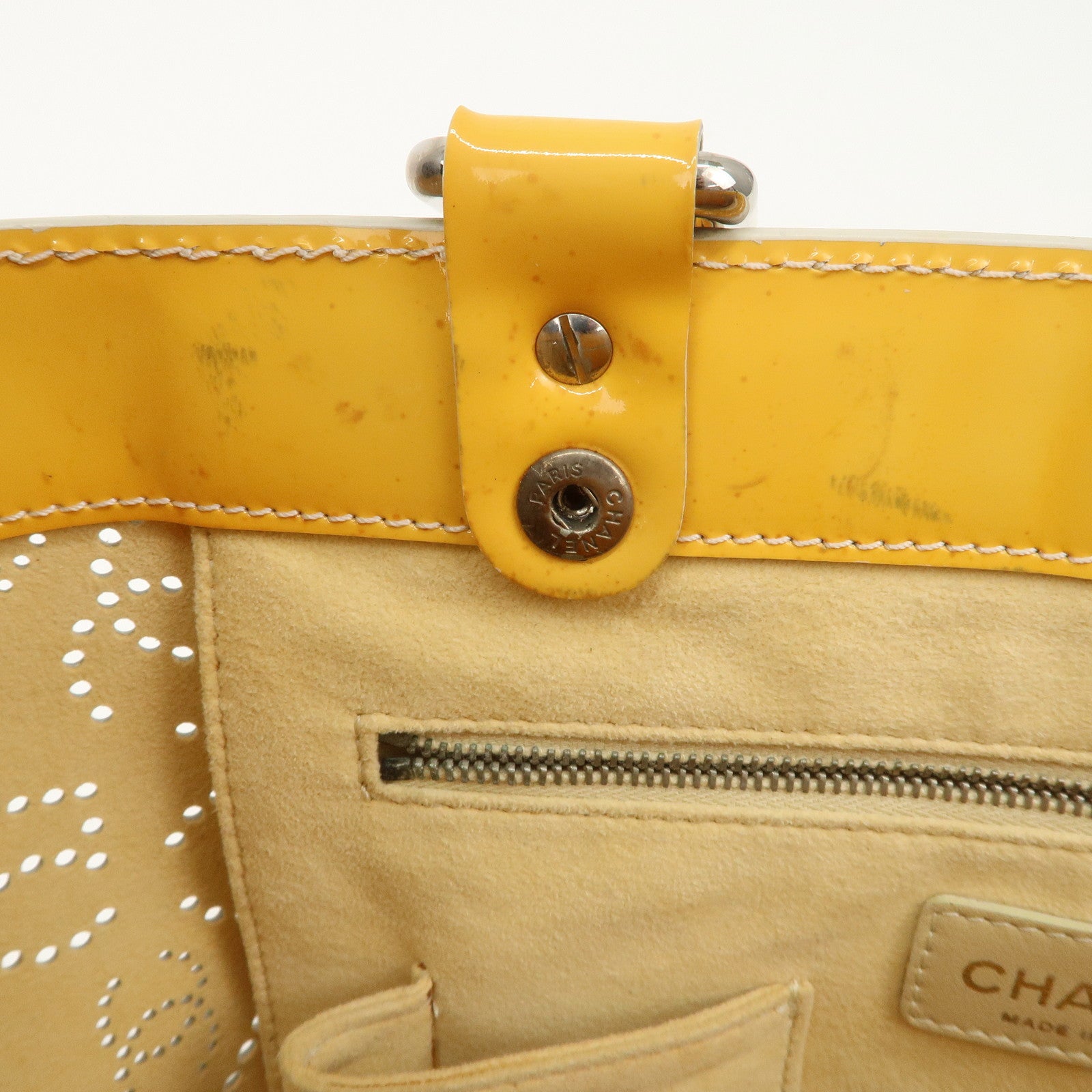 CHANEL COCO Mark No.5 Patent Leather Punching Hand Bag Yellow Used