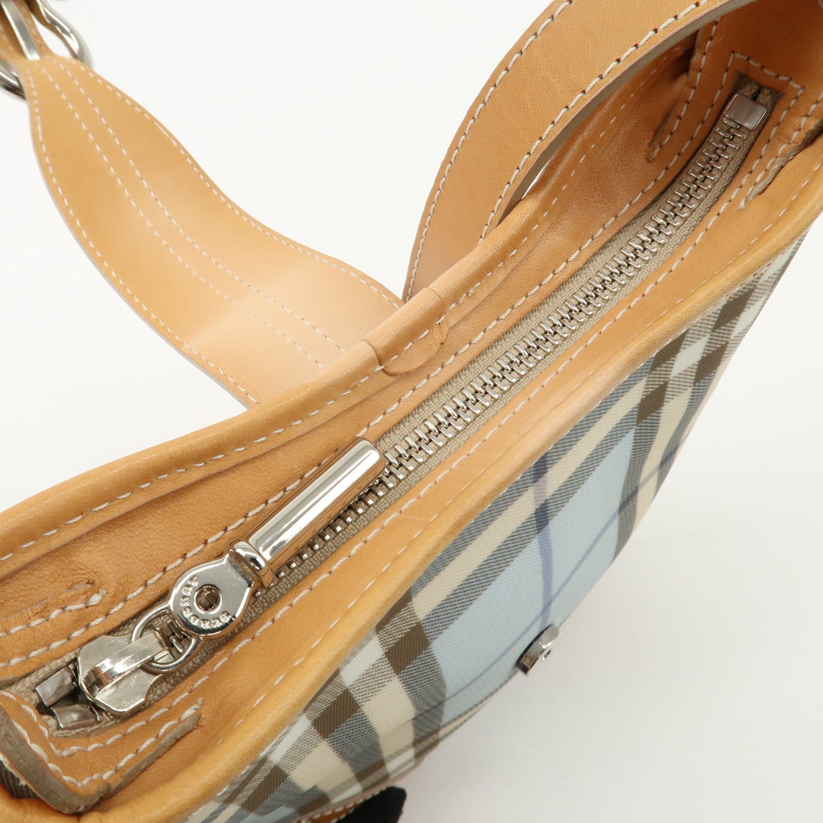 BURBERRY PVC Leather Nova Plaid Shoulder Bag Hand Bag Beige Blue Used