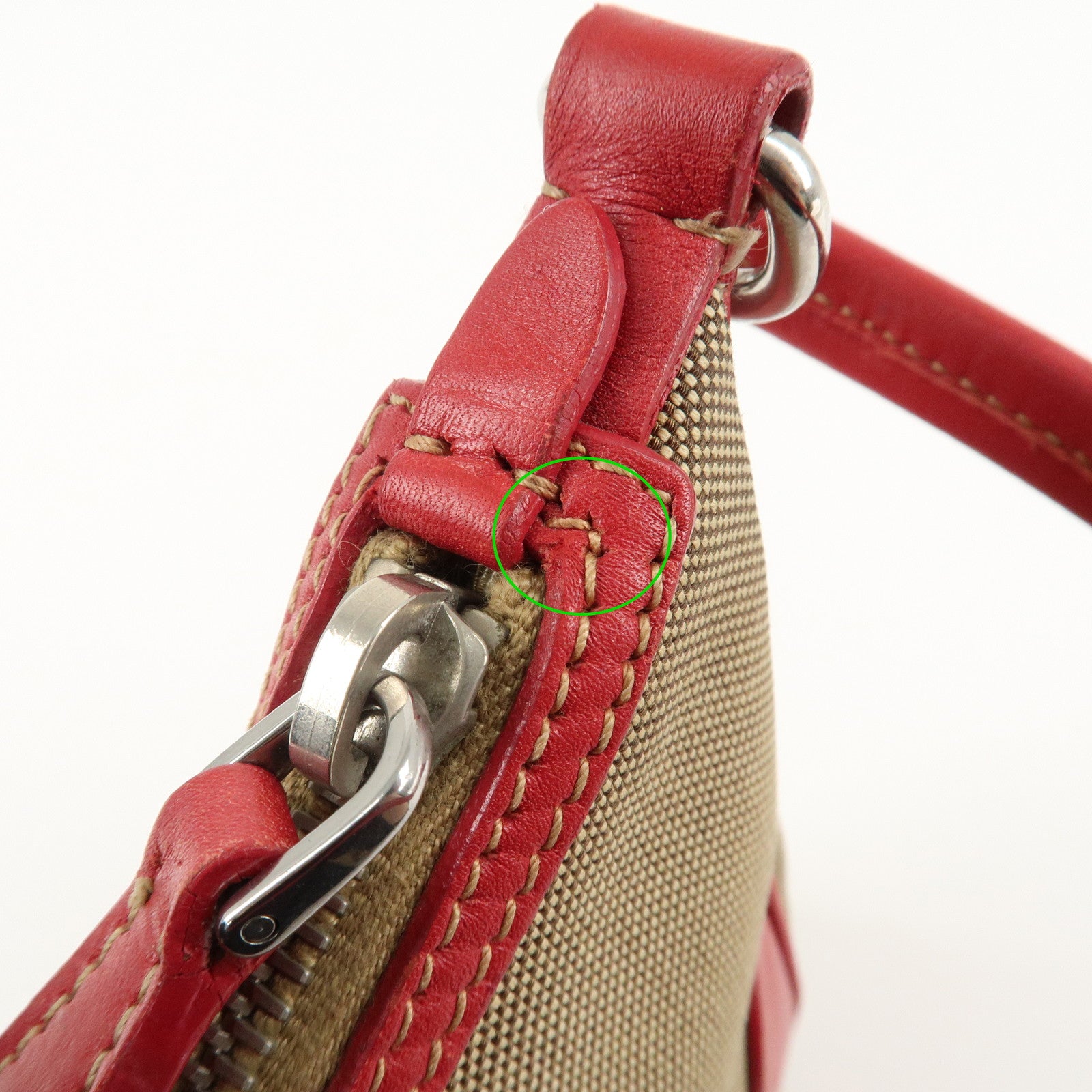 PRADA Logo Jacquard Leather Shoulder Bag Beige Red Used