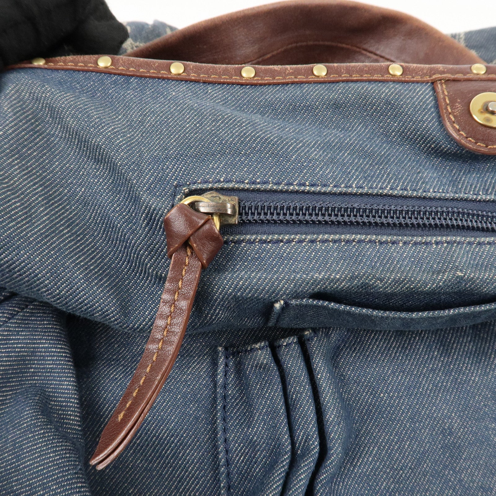 CELINE Macadam Denim Leather Bittersweet Shoudler Bag Navy Brown Used