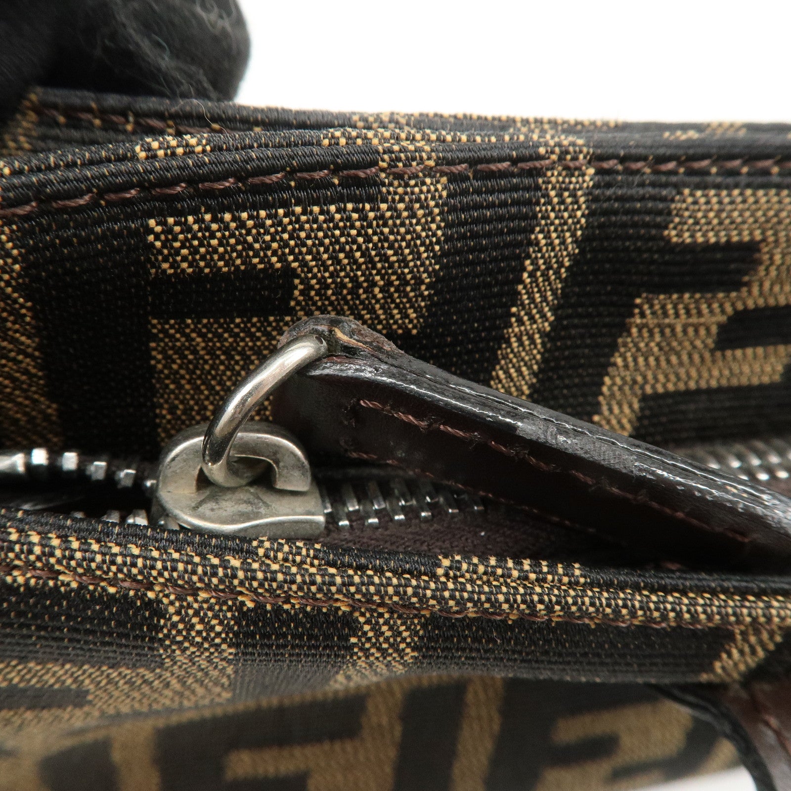 FENDI Zucca Canvas Leather Hand Bag Brown Black Used