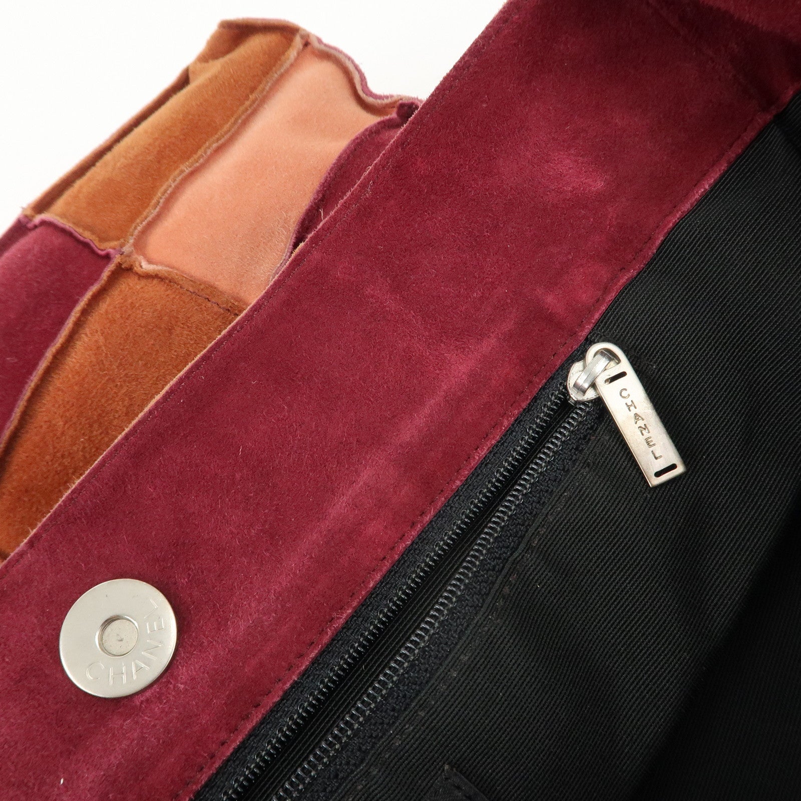 CHANEL Suede Patchwork Shoulder Bag Beige Brown Wine Red Used