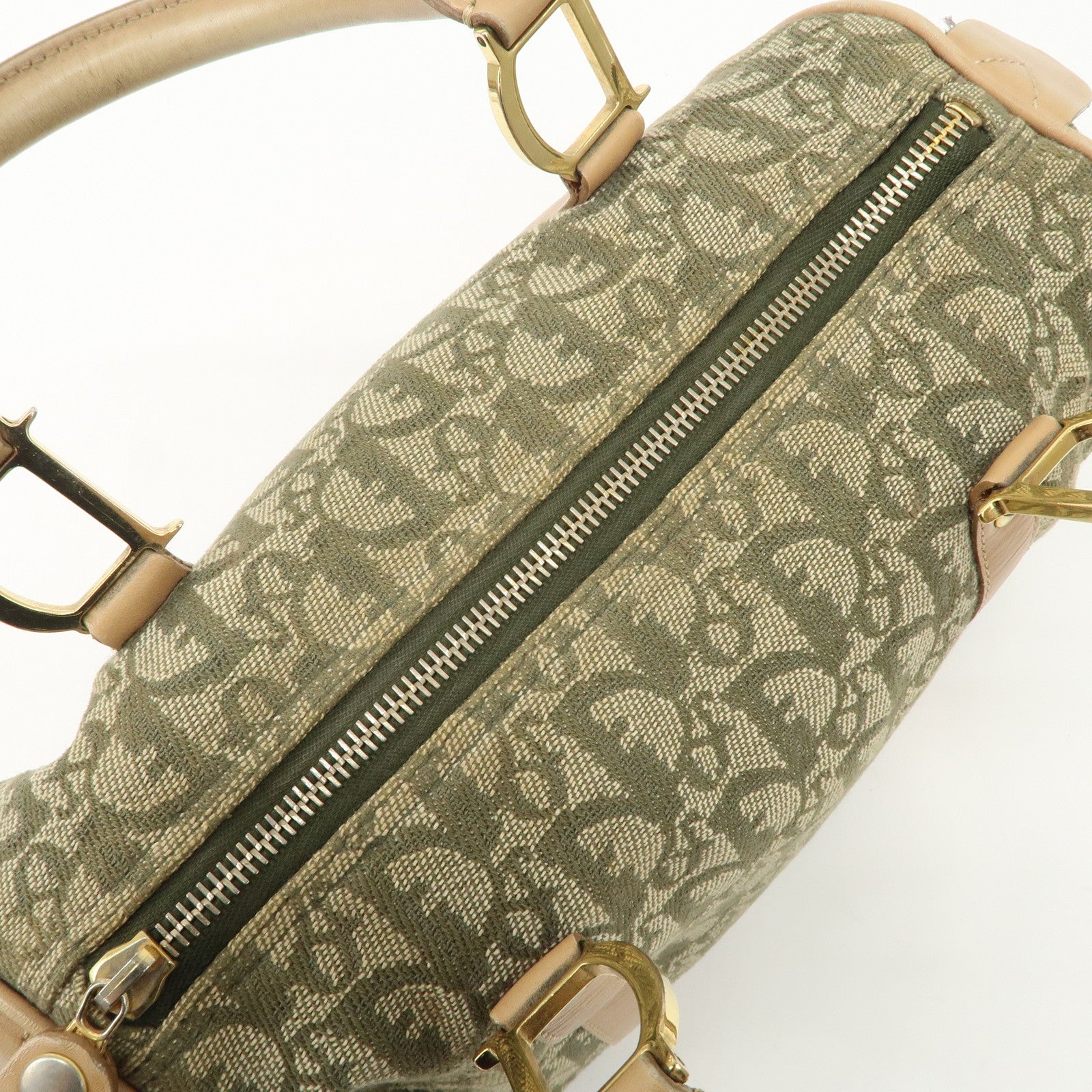 Christian Dior Trotter Canvas Leather Boston Bag White Khaki Used