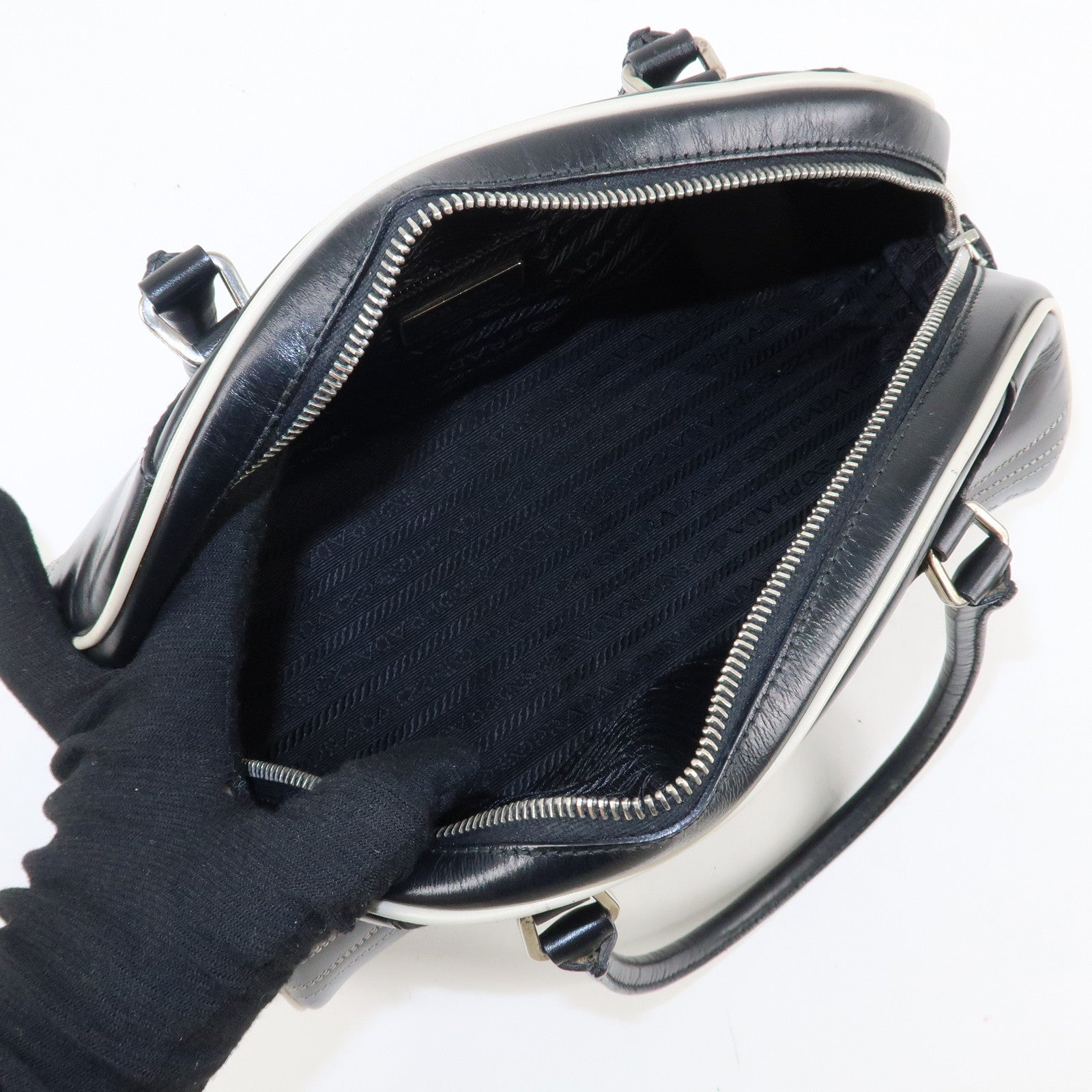 PRADA Leather Mini Boston Bag Shoulder Bag Black Silver HDW Used