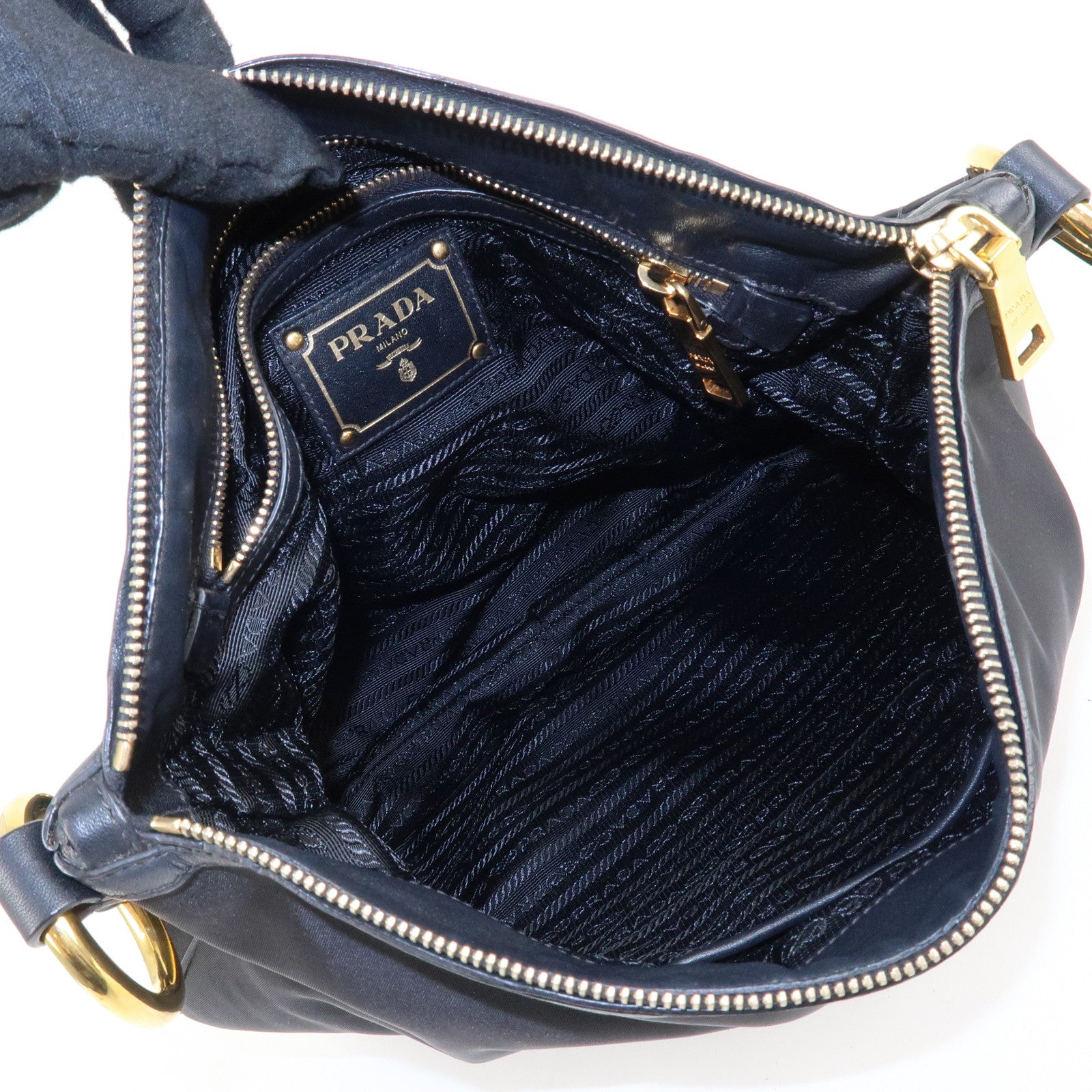 PRADA Nylon Leather Shoulder Bag Black Gold Hardware Used