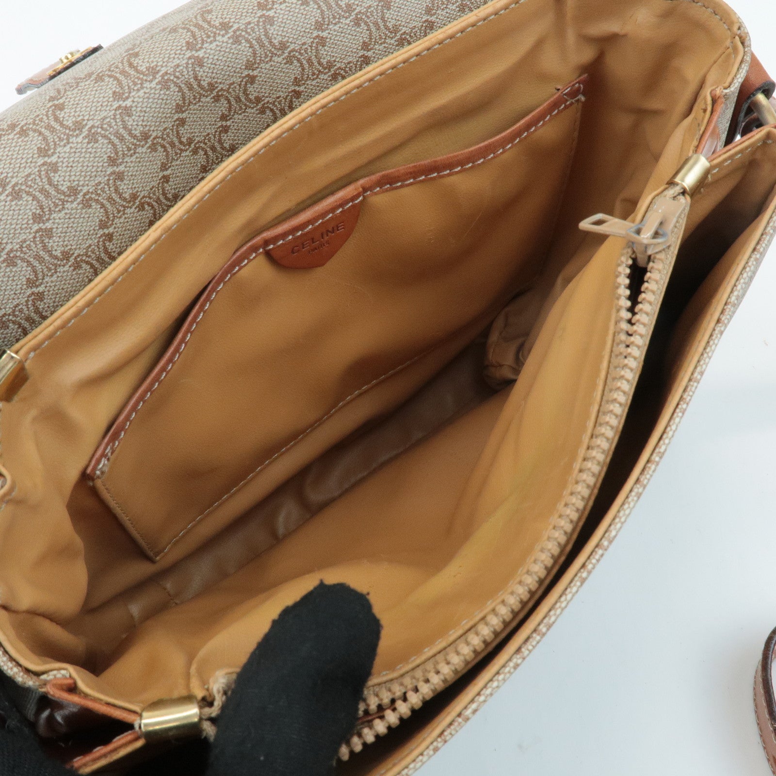 CELINE Macadam PVC Leather Shoulder Bag Beige Brown Used