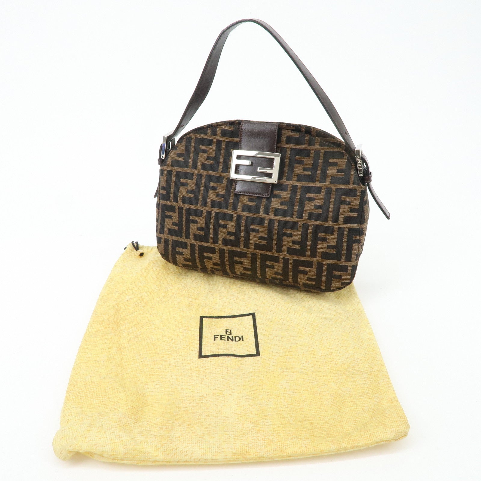 FENDI Zucca Canvas Leather Semi-Shoulder Bag Brown Black 26725 Used