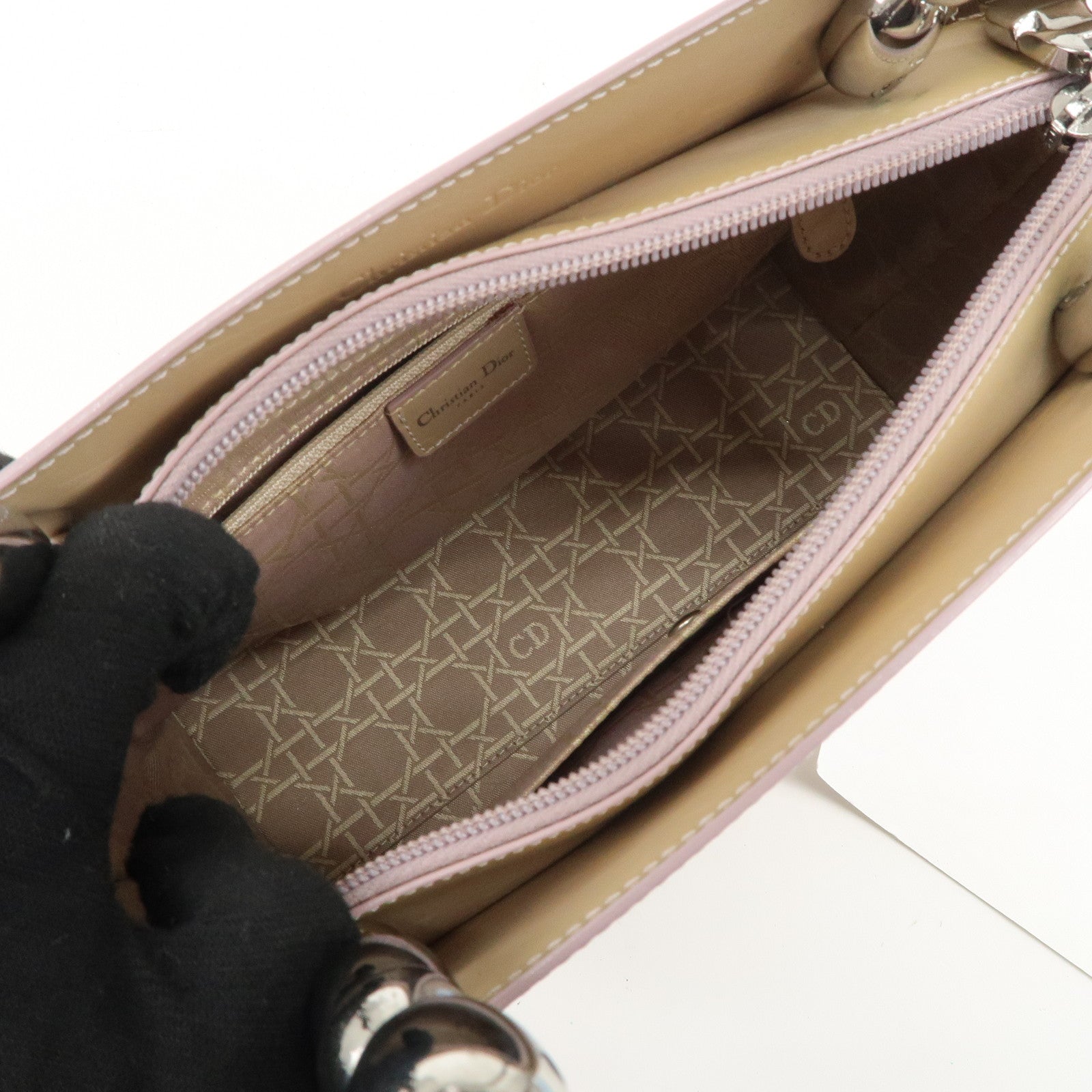 Christian Dior Maris Pearl Patent Leather Tote Bag Beige Used