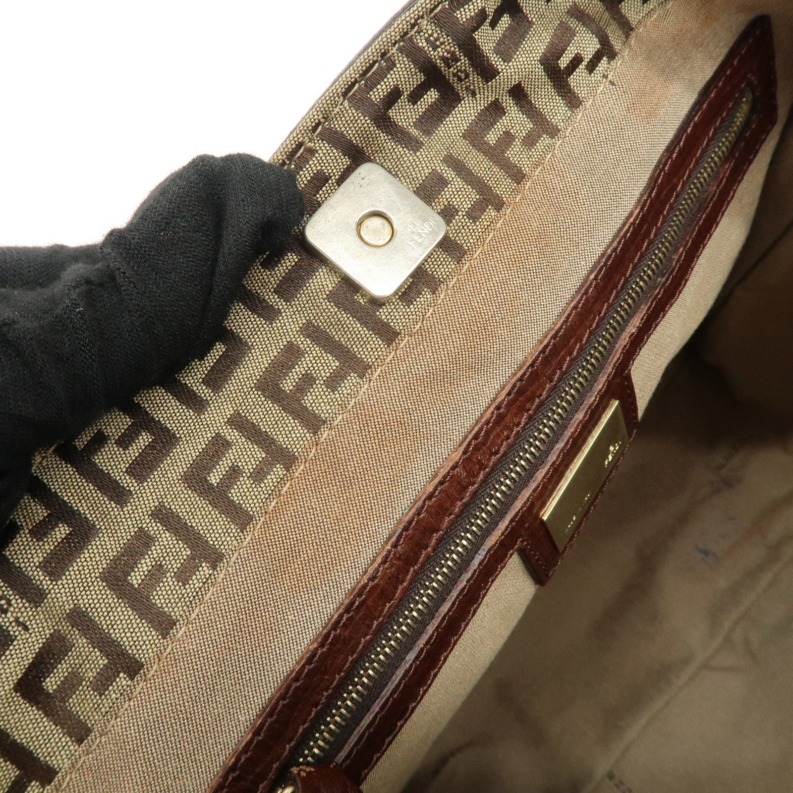 FENDI Zucchino Canvas Leather Tote Bag Khaki Brown 8BH161 Used