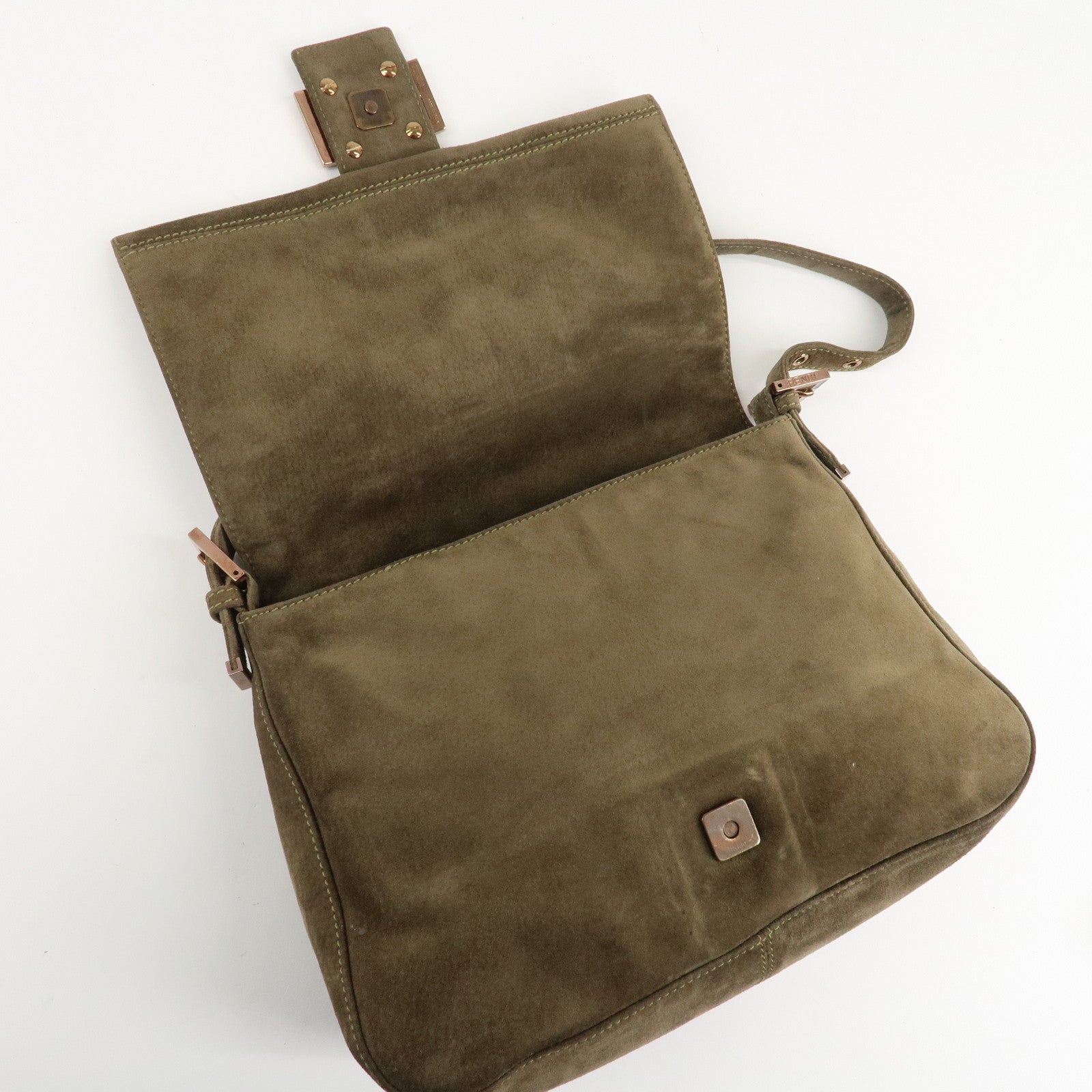 FENDI Mamma Baguette Suede Shoulder Bag Khaki 8BR001 Used